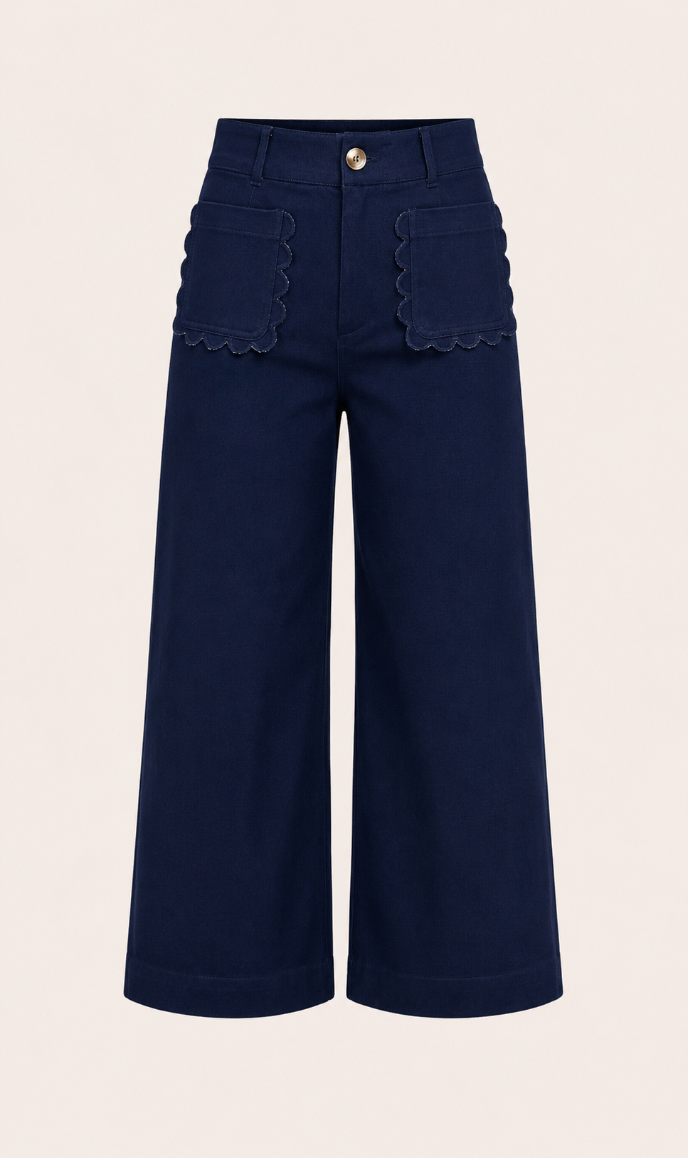 NAVY BLUE DENIM PANTS WITH BROWN BUTTON AND SCALLOP DETAIL FRONT POCKETS ON WHITE BACKGROUND