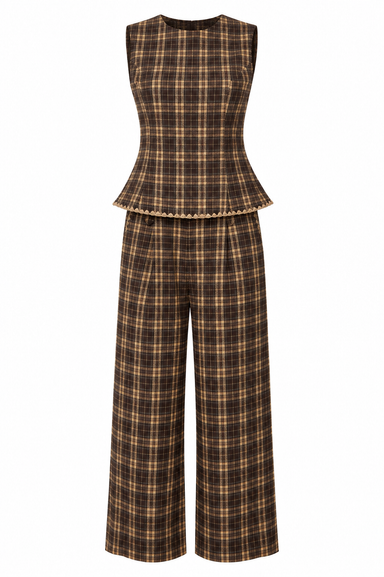 BROWN TROUSER AND SLEEVELESS PEPLUM TOP SET ON WHITE BACKGROUND