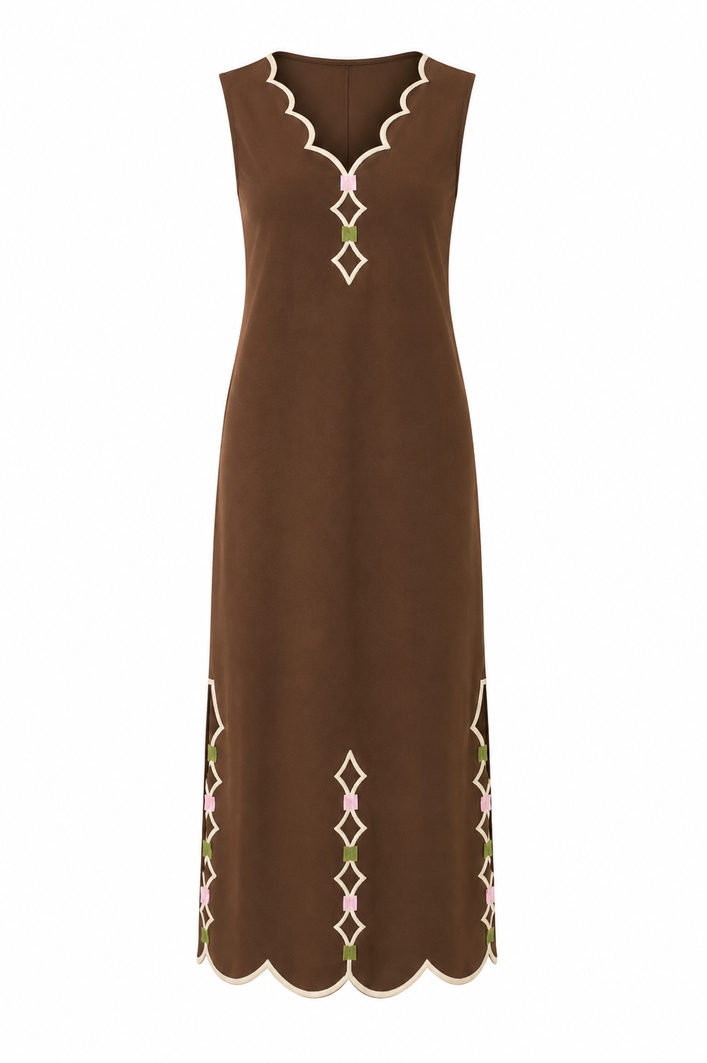 Scallop Embroidered V Neck Dress - Chocolate