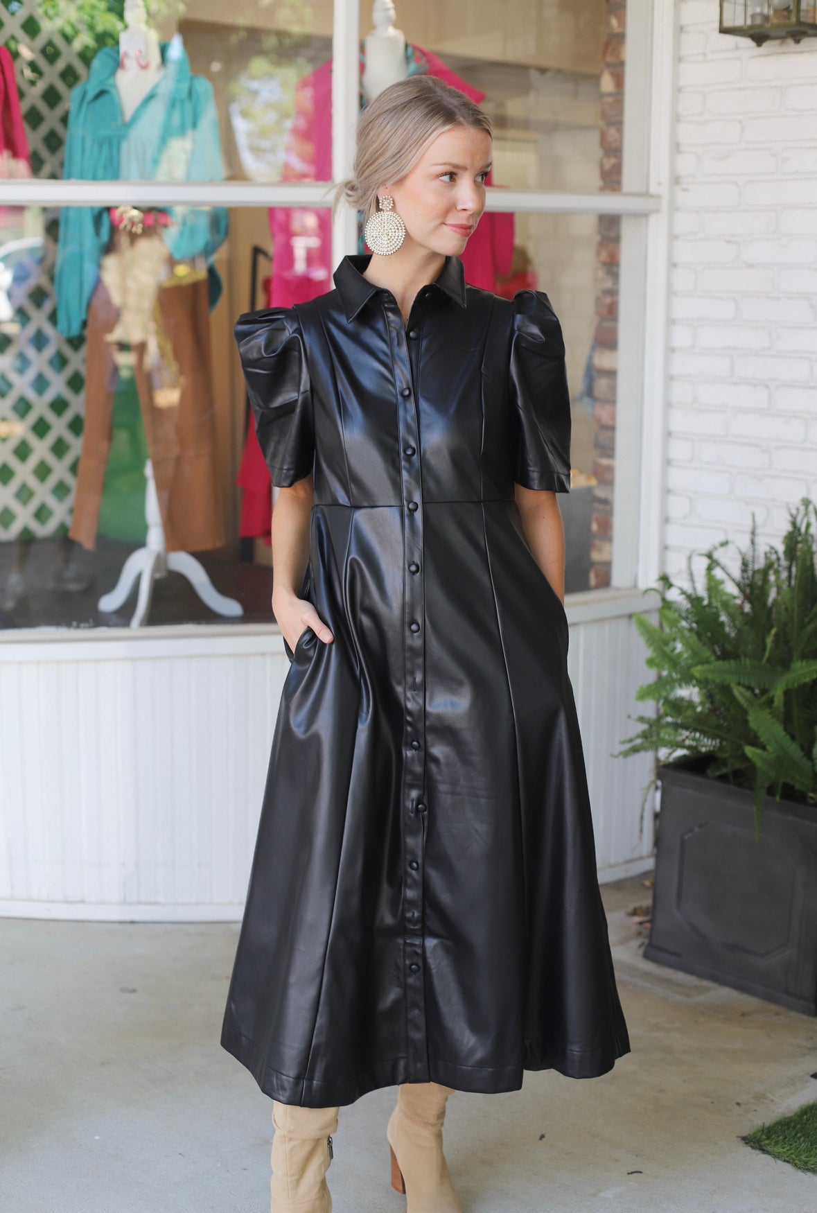 Faux Leather Puff Sleeve Dress- Two Colors