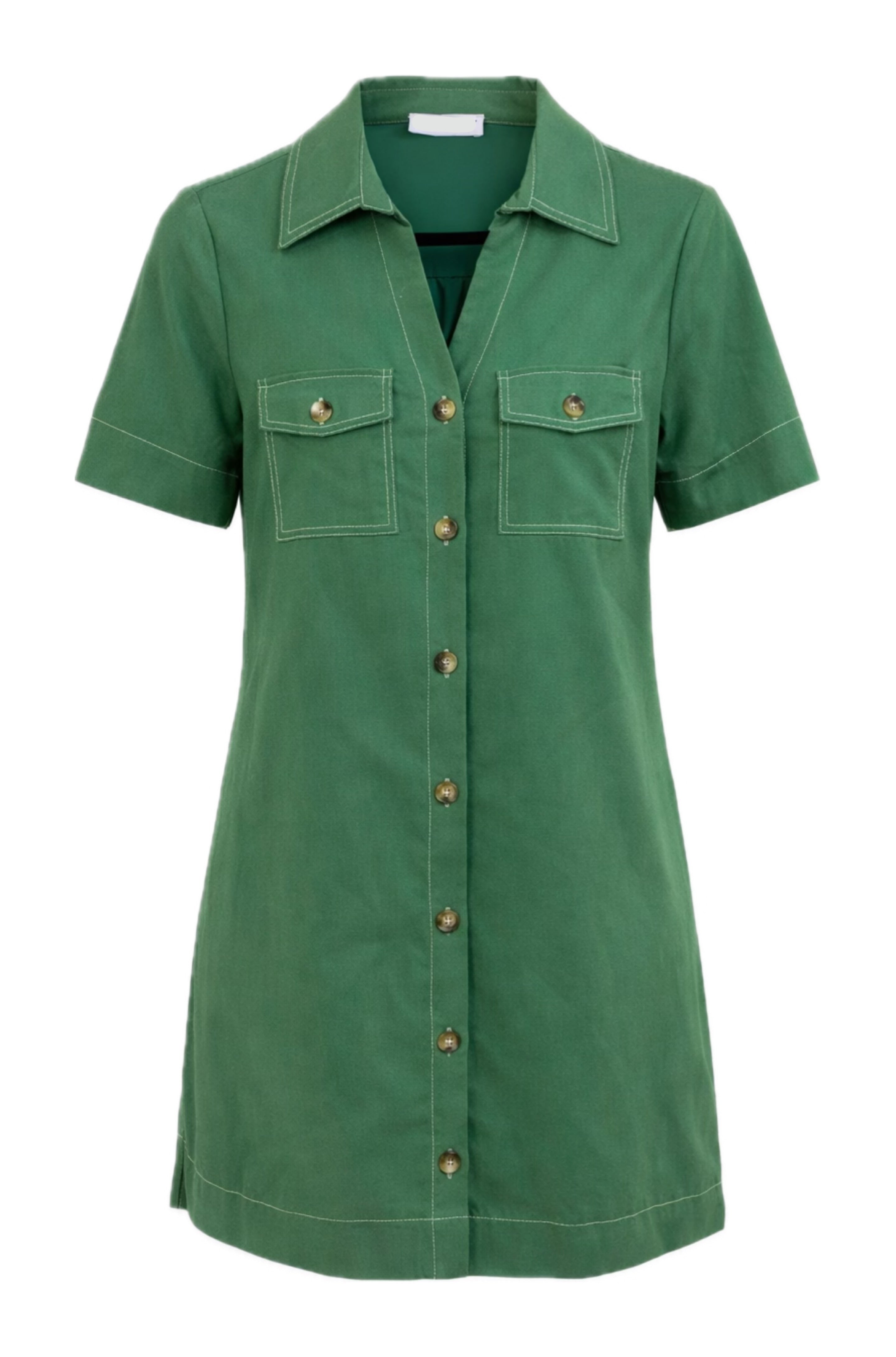 Green dress with short sleeves and button details on a white background