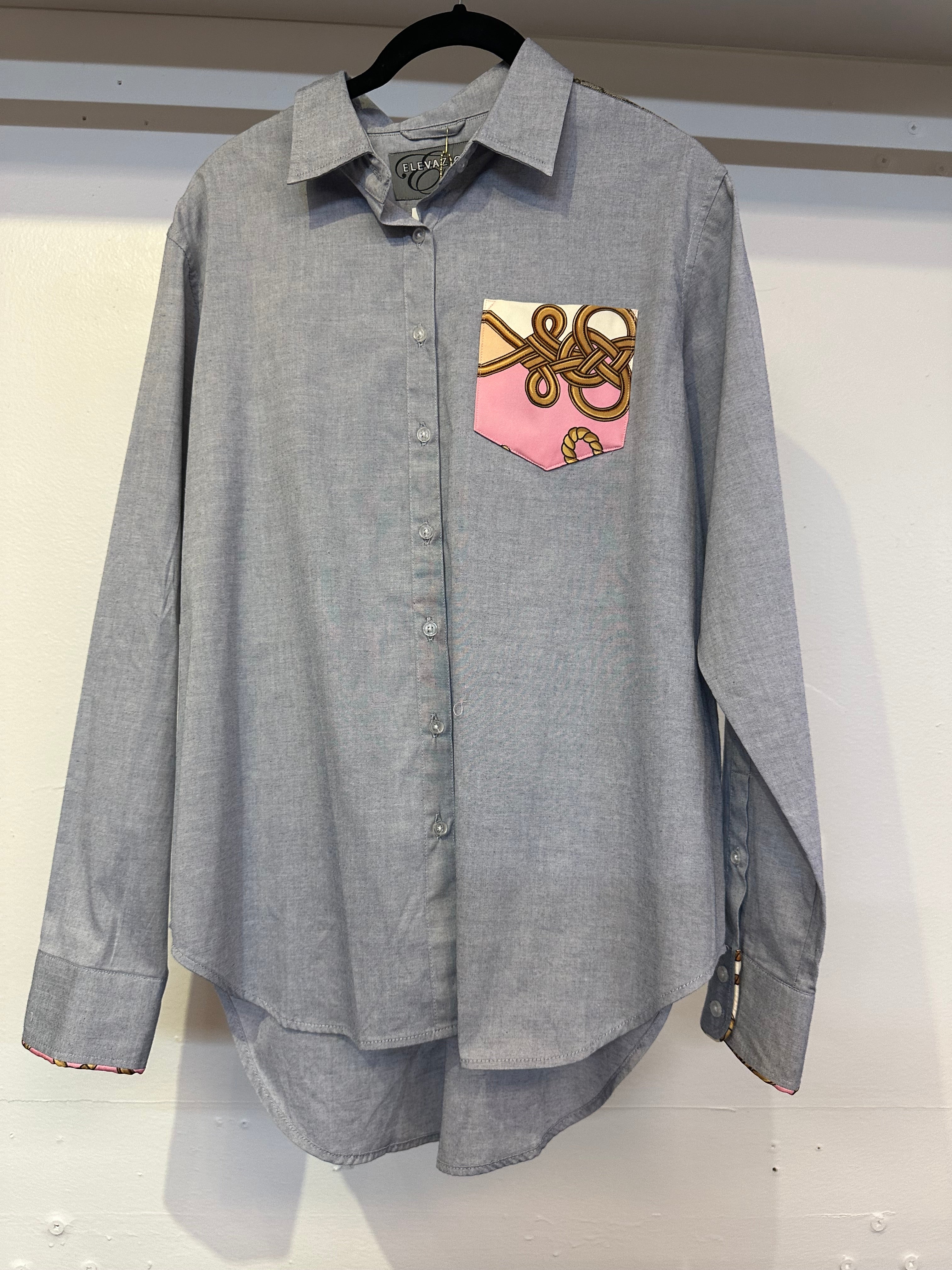 Repurposed Scarf Button Down - Blue Oxford with Pink Pocket