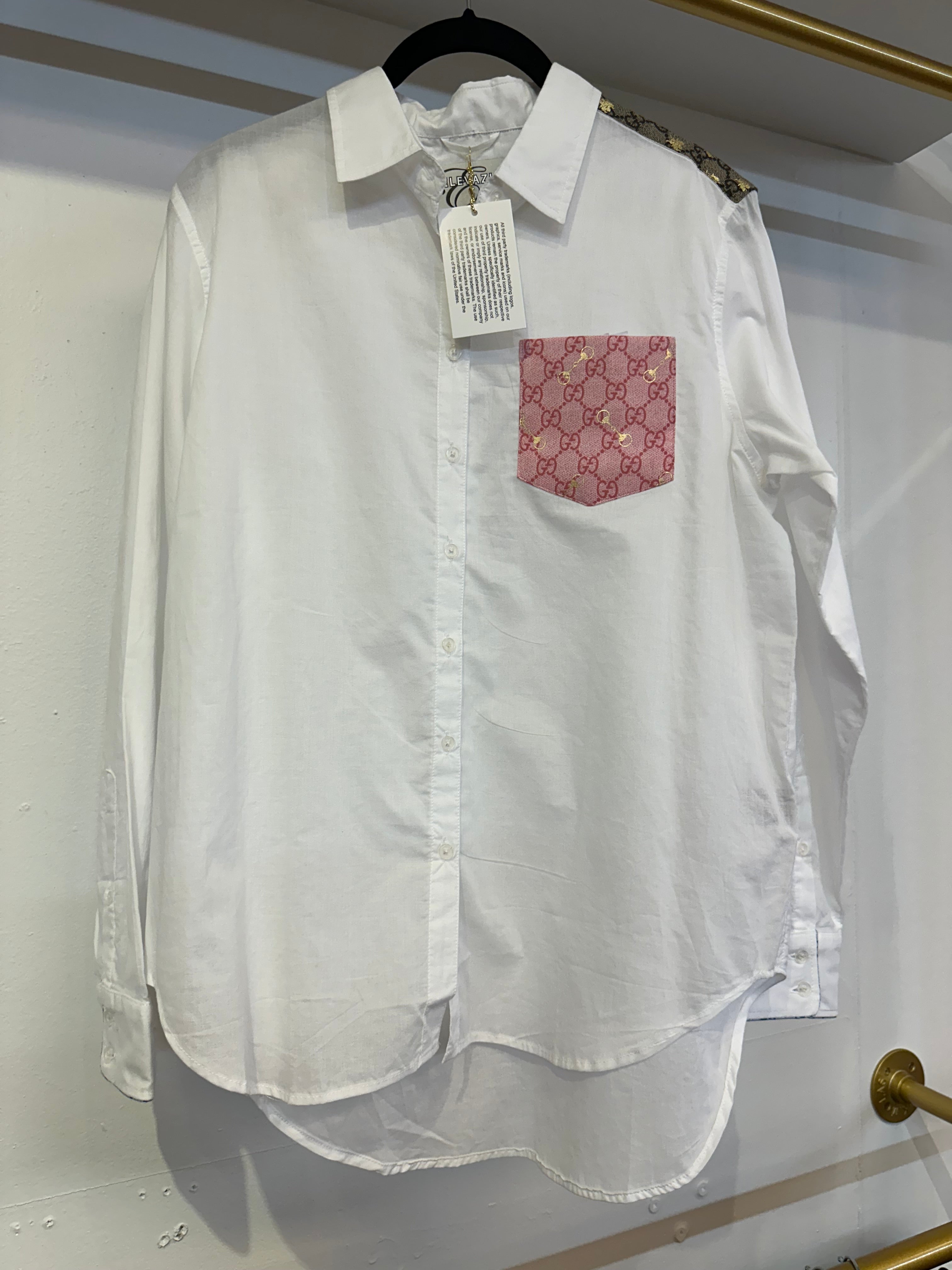Repurposed Scarf Button Down - White Oxford - Pink Pocket