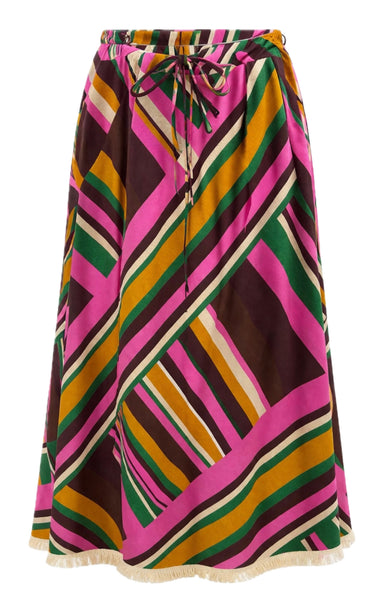A colorful midi skirt with a bold geometric striped pattern in pink, green, yellow, brown, and cream, featuring a drawstring waist and a frayed hem.