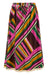 A colorful midi skirt with a bold geometric striped pattern in pink, green, yellow, brown, and cream, featuring a drawstring waist and a frayed hem.