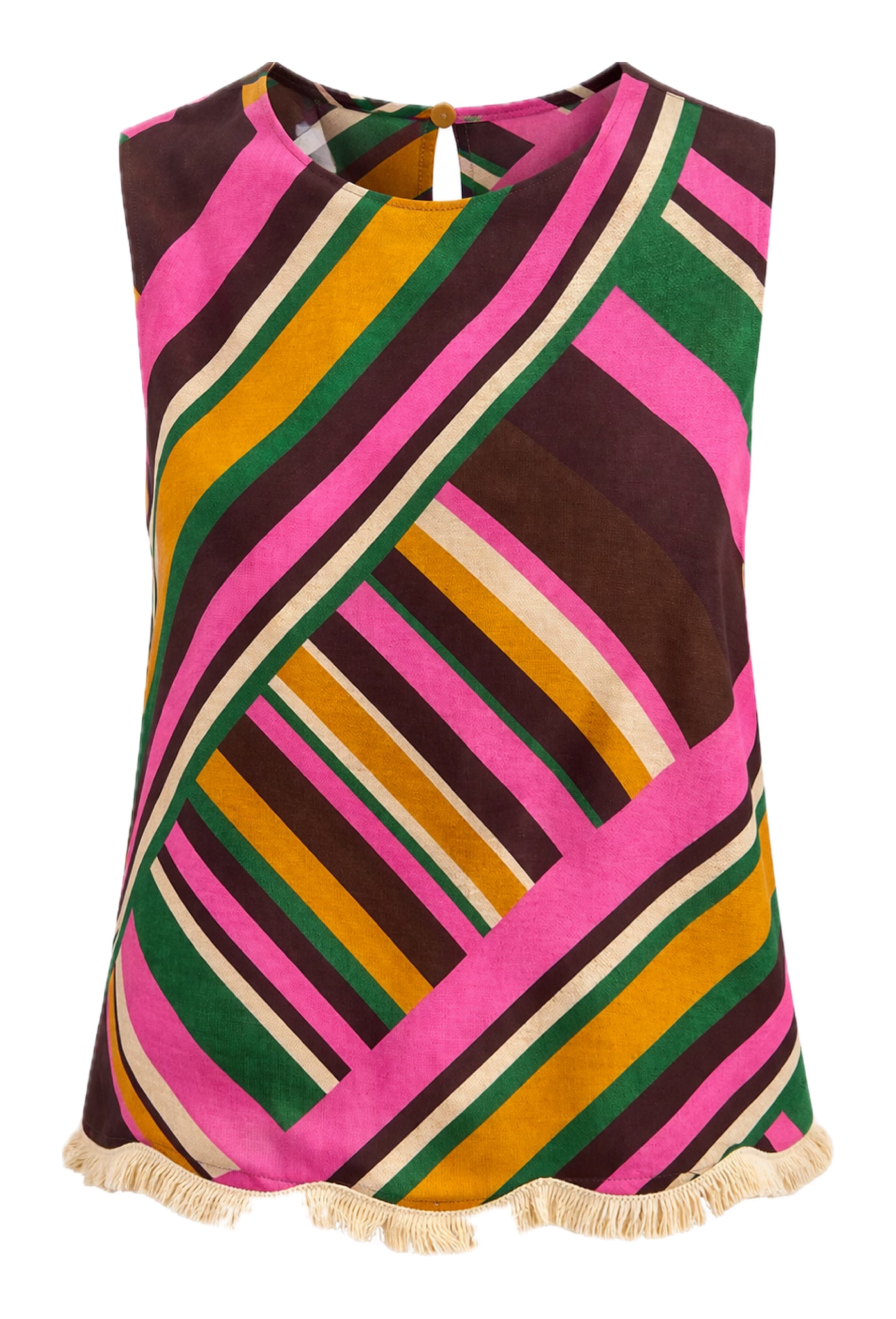 A sleeveless top with a colorful diagonal striped pattern in pink, green, brown, yellow, and cream, featuring a fringed hem.