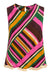 A sleeveless top with a colorful diagonal striped pattern in pink, green, brown, yellow, and cream, featuring a fringed hem.