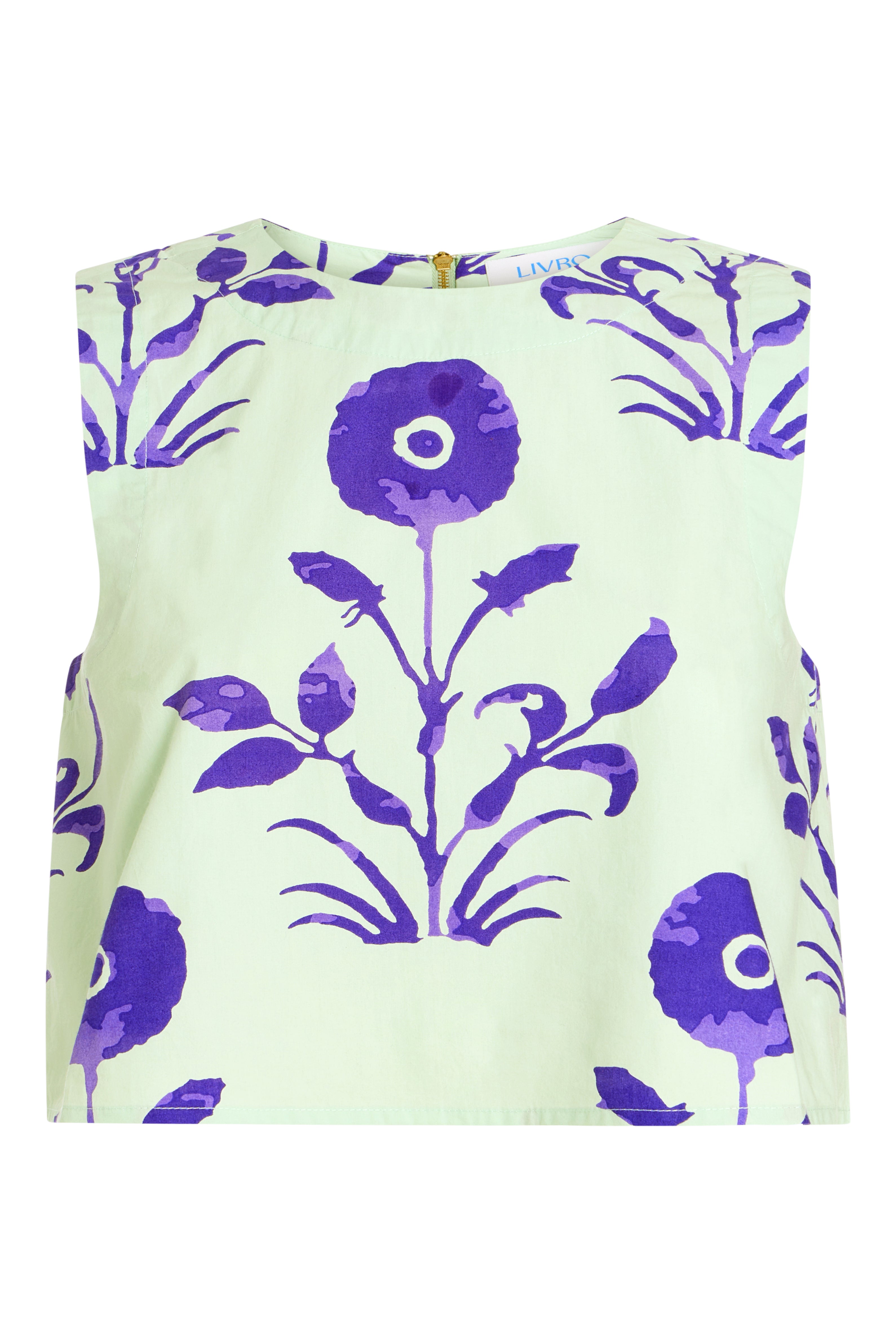 A sleeveless top featuring a purple watercolor-style floral print on a pale mint green background, shown flat against a white background.