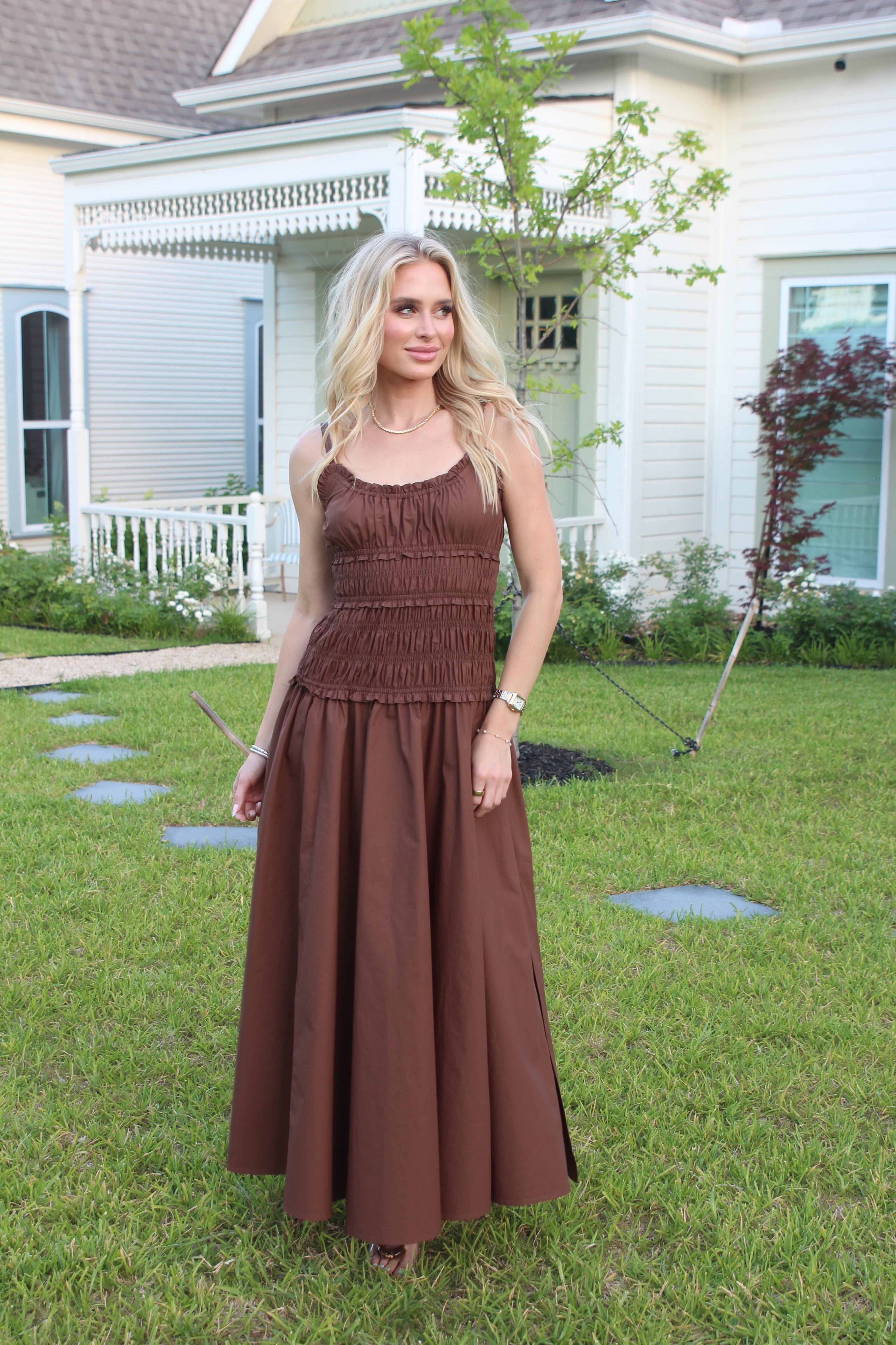 Poplin Smock Cami Maxi Dress - Brown