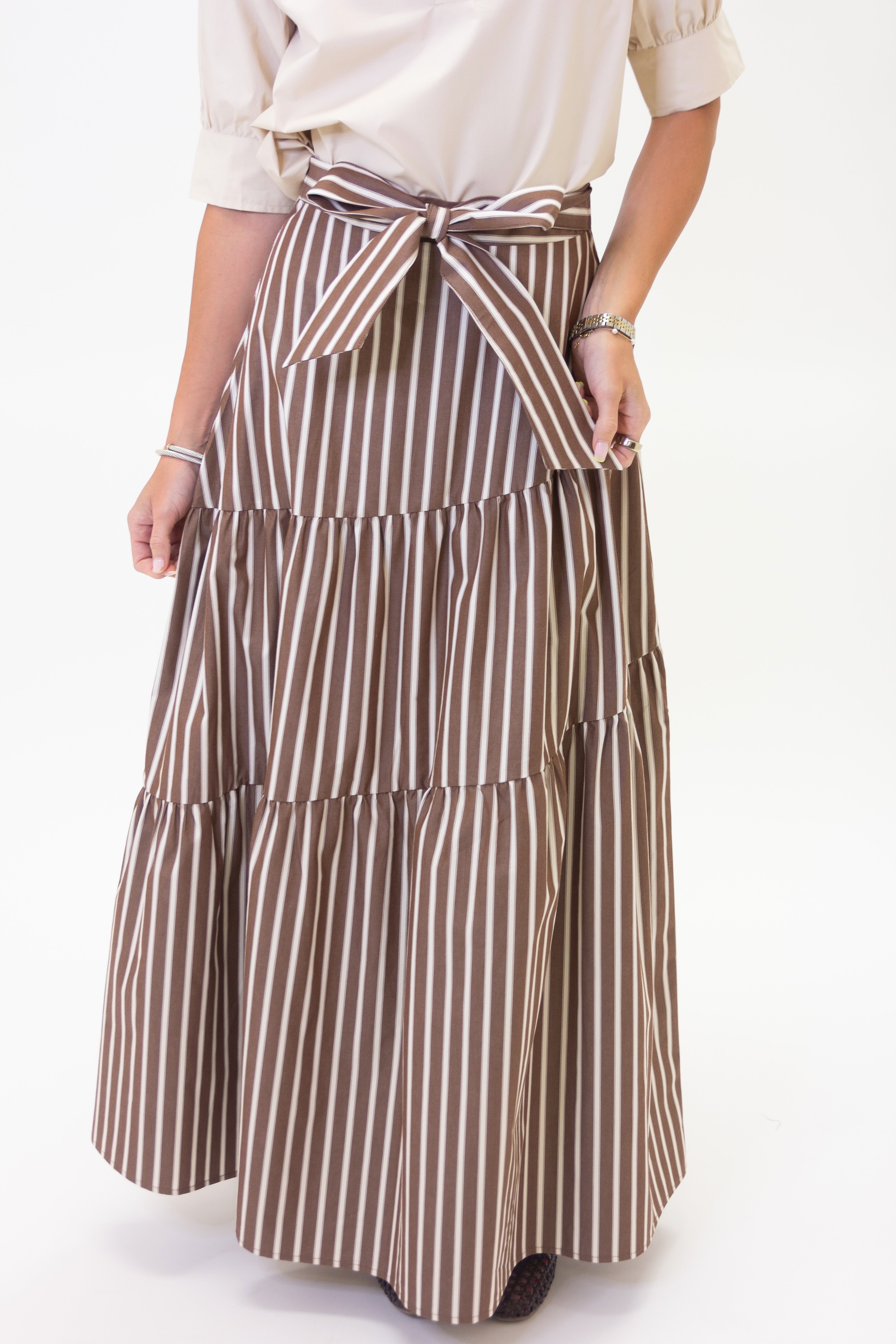 Stripe Tie Maxi Skirt - Brown