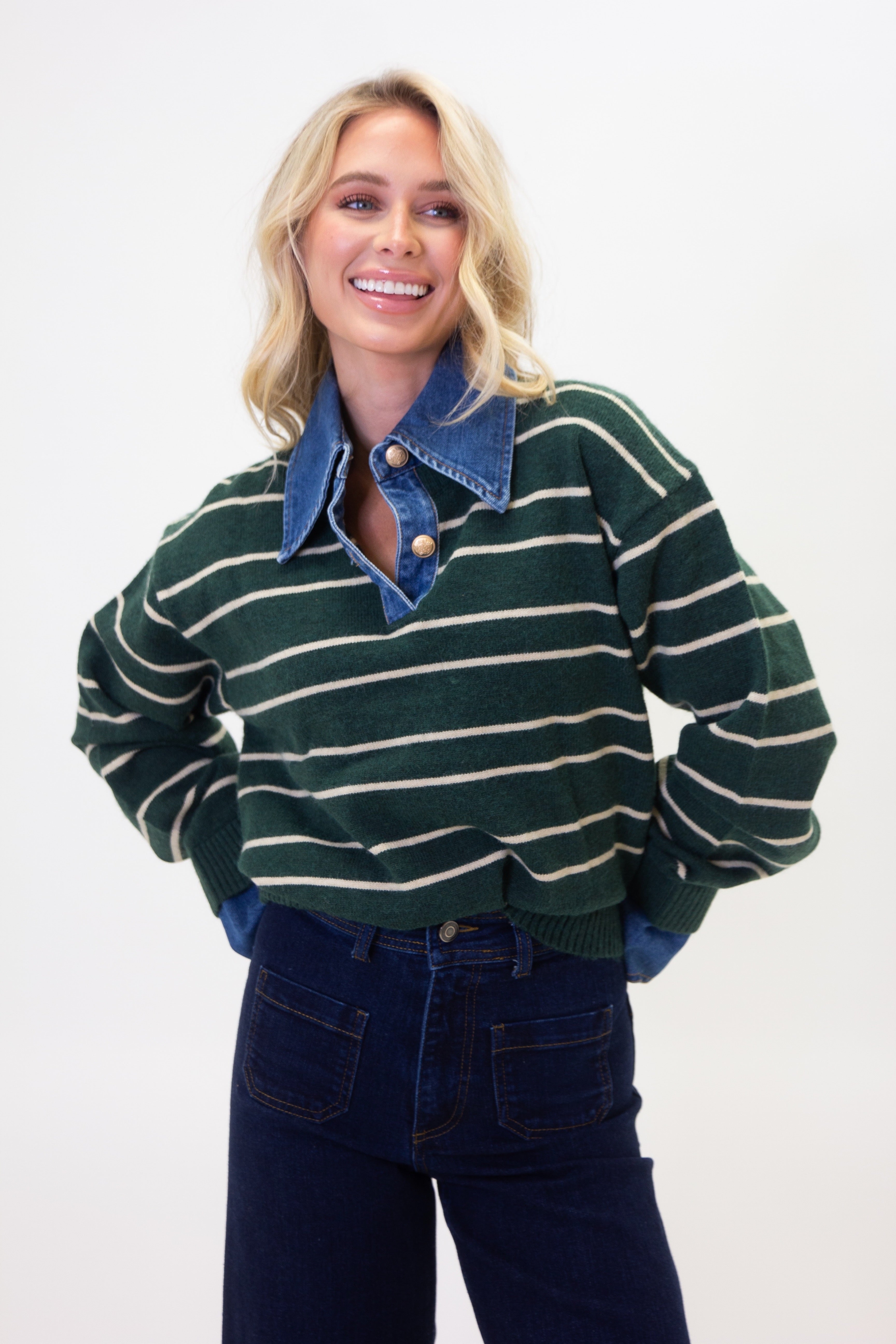Stripe Varsity Denim Collar Sweater - Green