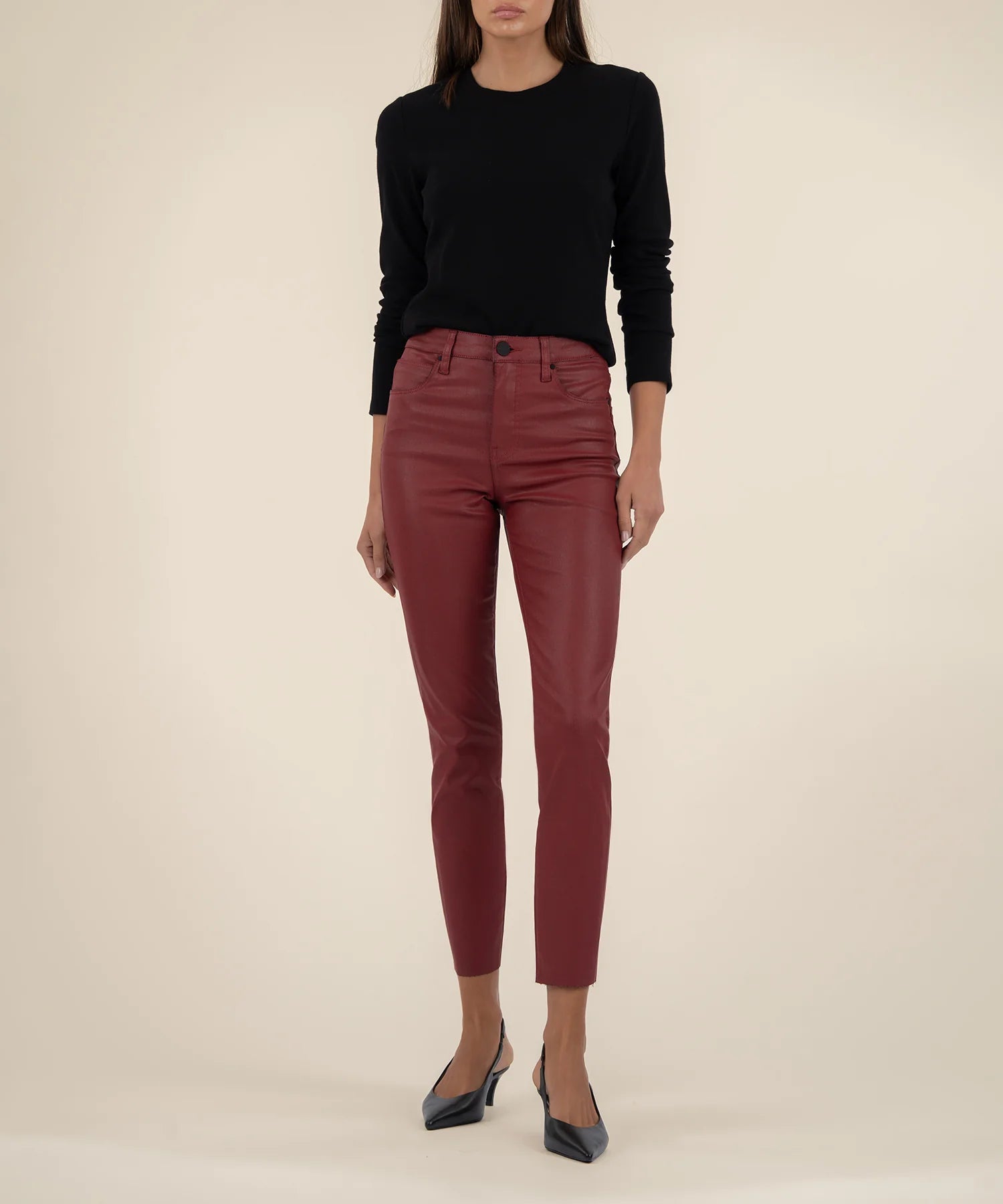 charlize coated high rise cigarette leg Silver Metallic Pants Cream/Silver / 0 proof contoured waistband and a slim fit with a raw hem KUT from the Kloth Charlize