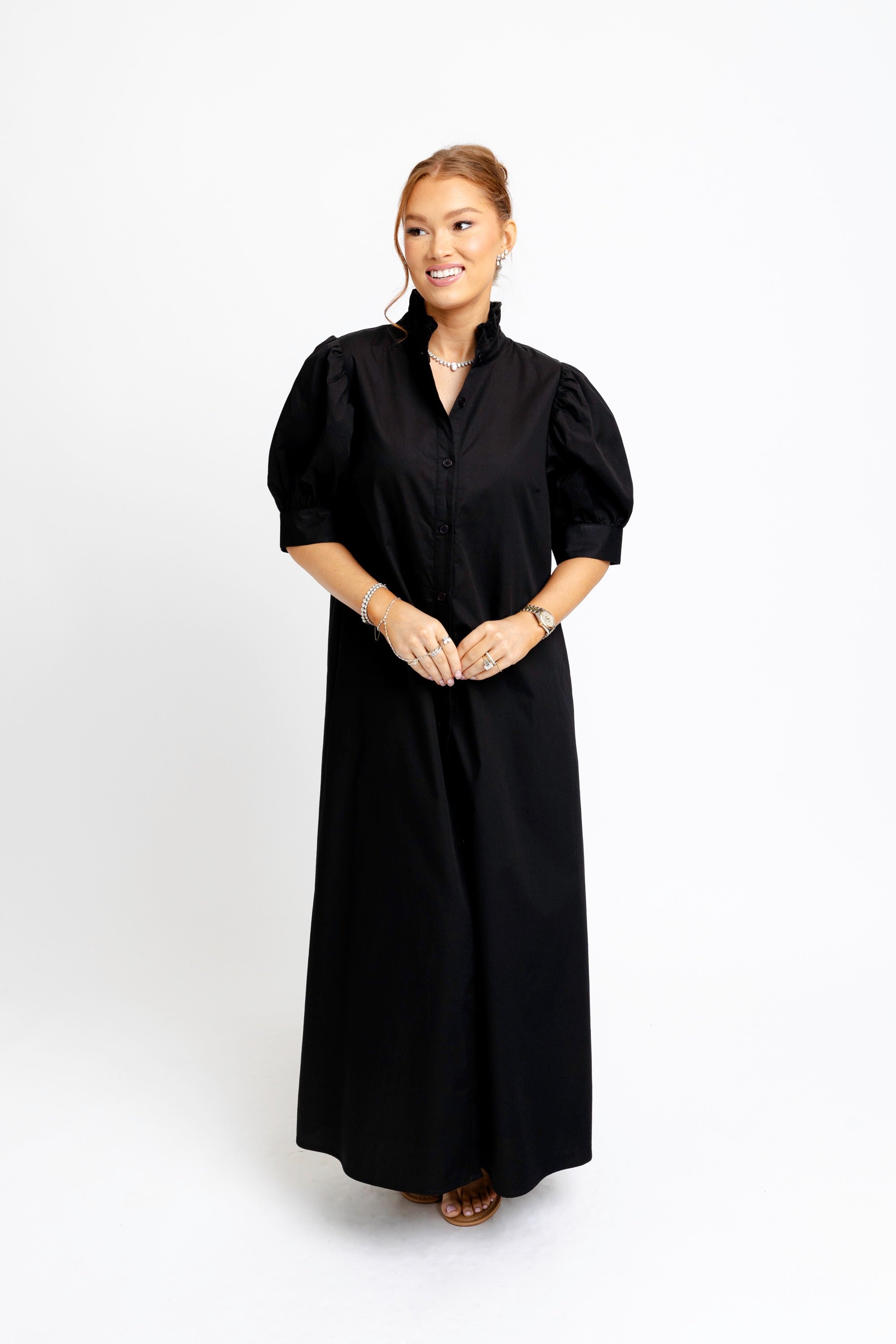 Solid Ruffle Neck Maxi Shirt Dress - Black