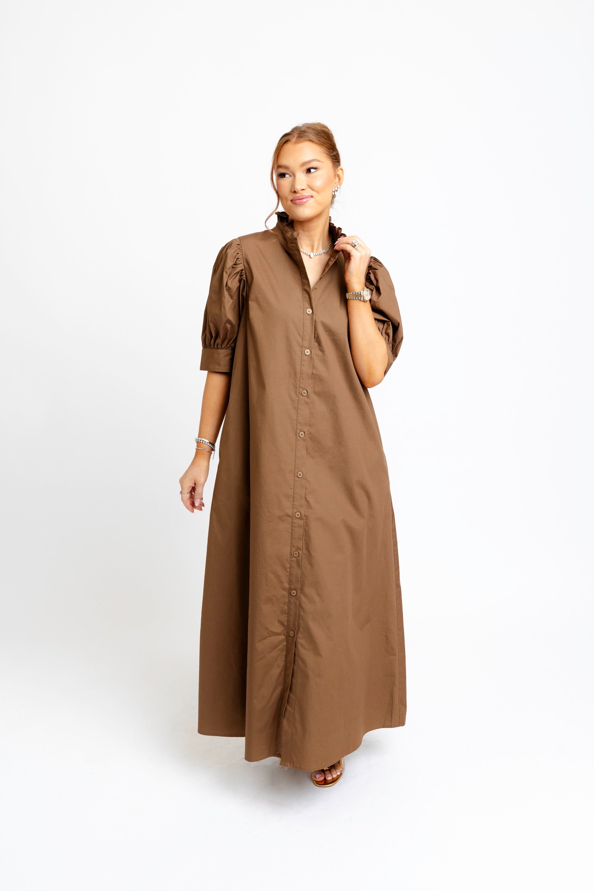 Solid Poplin Ruffle Neck Maxi Shirt Dress - Chocolate