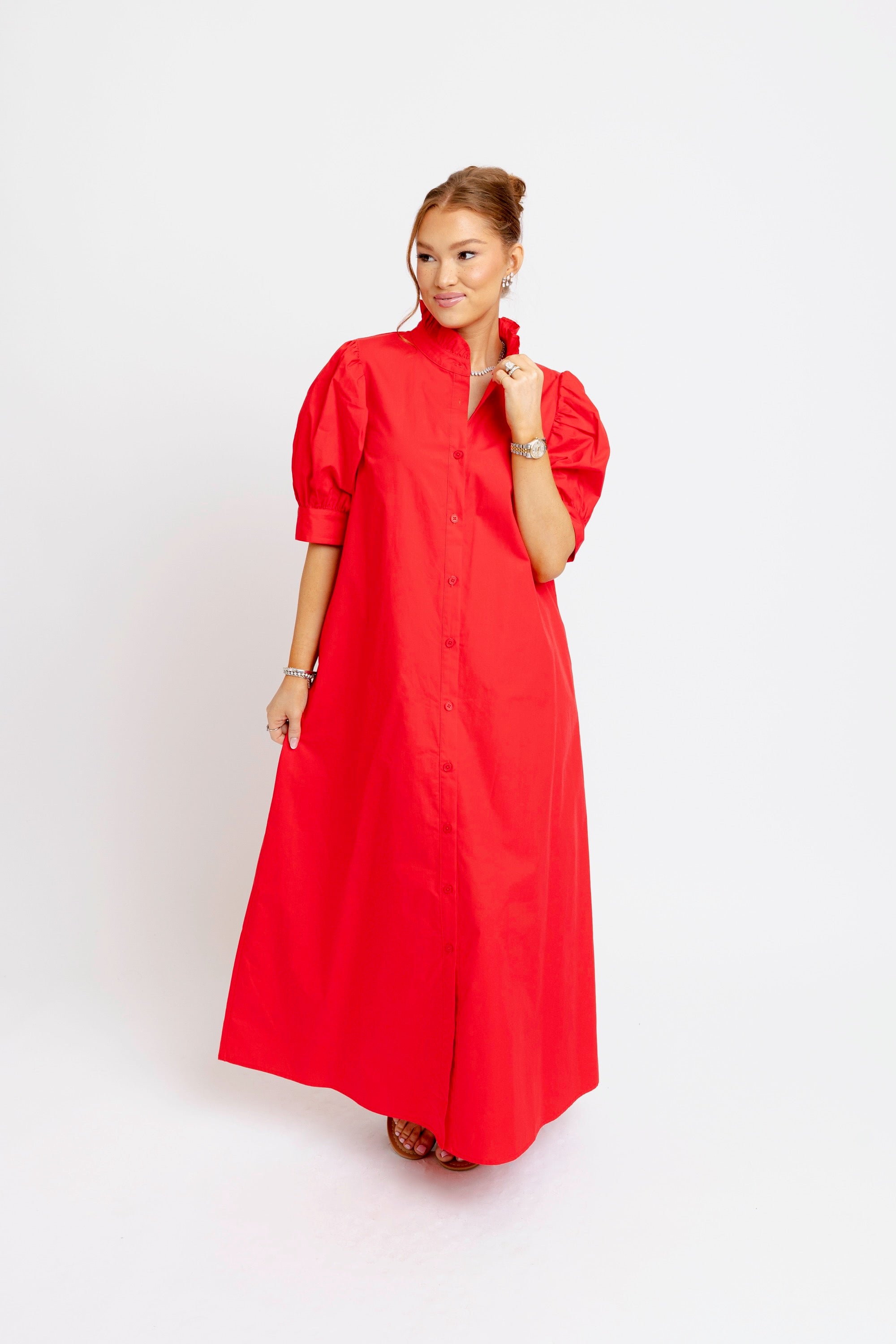 Solid Poplin Ruffle Neck Maxi Shirt Dress - Red