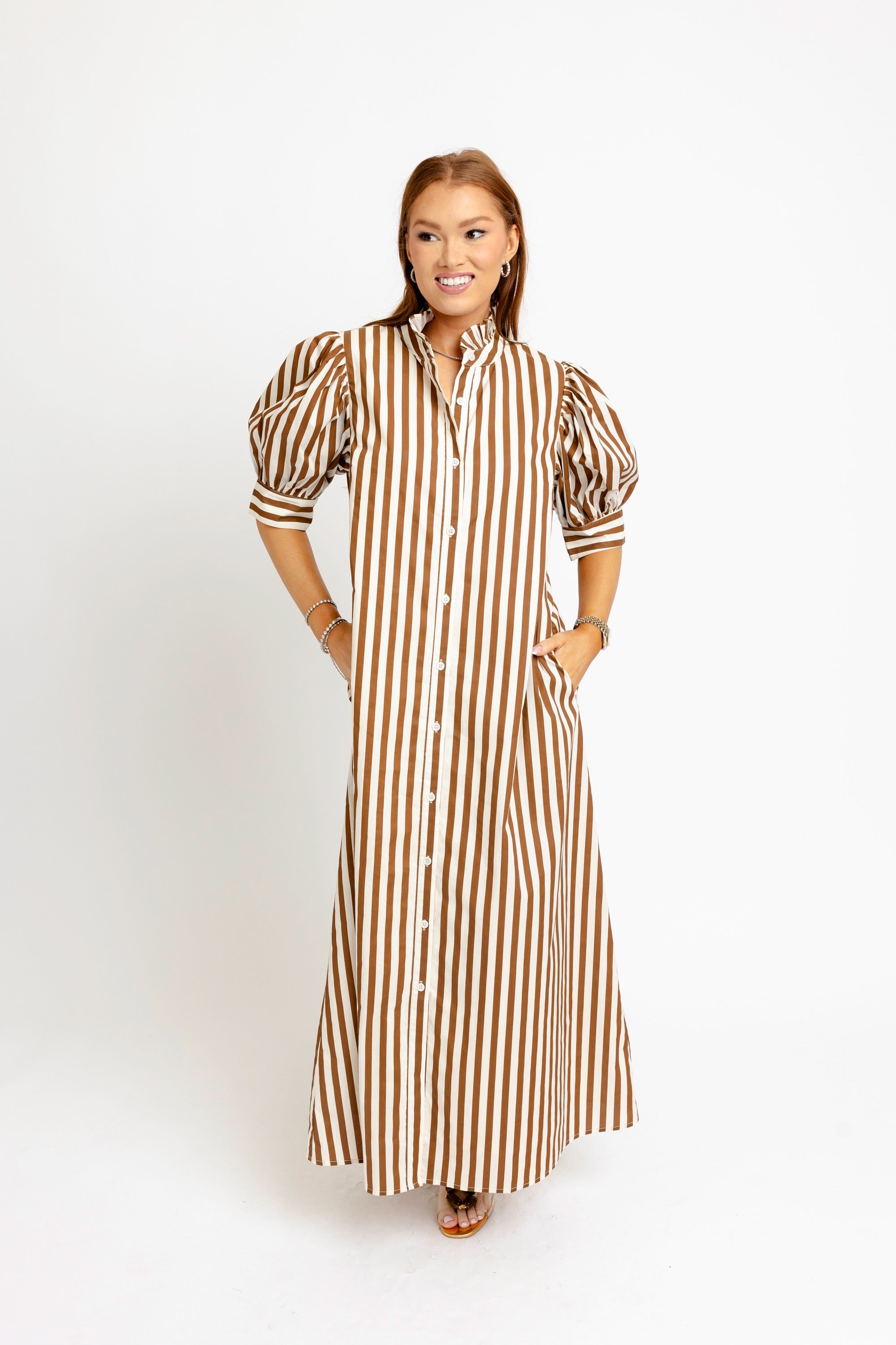 Stripe Ruffle Neck Maxi Shirt Dress - Brown