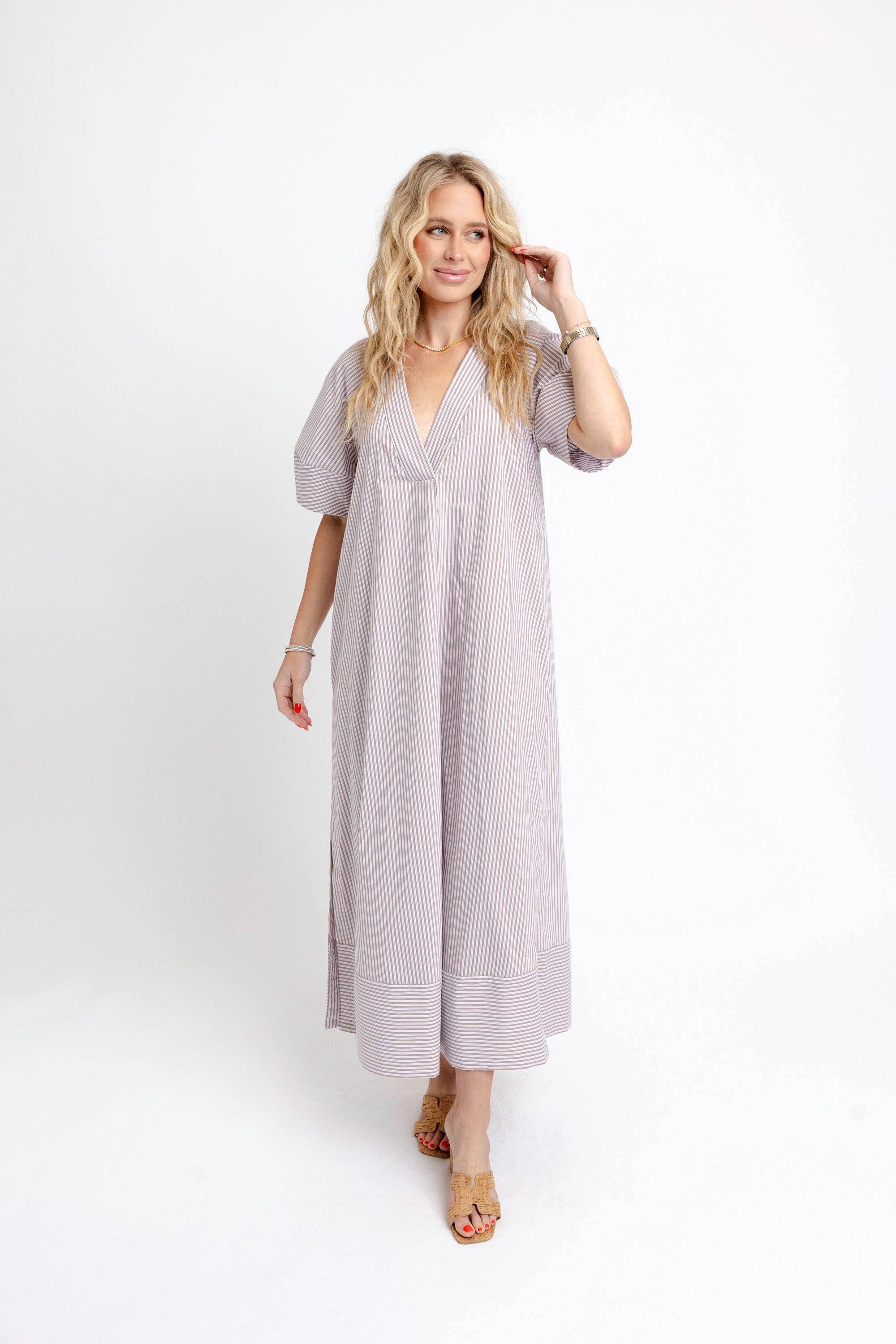 Stripe Poplin V Neck Signature Maxi Dress - Brown