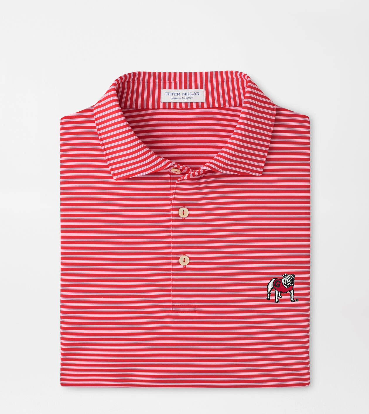 A folded red and white striped polo shirt by Peter Millar, featuring a collar, three-button placket, and the embroidered Peter Millar Lion logo on the left chest.