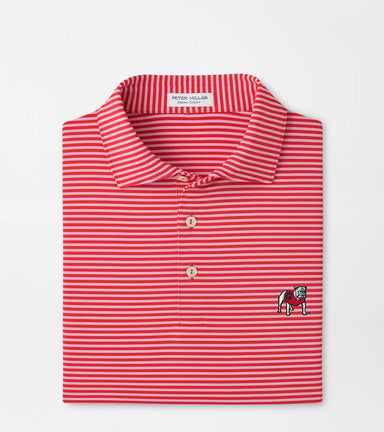 A folded red and white striped polo shirt by Peter Millar, featuring a collar, three-button placket, and the embroidered Peter Millar Lion logo on the left chest.