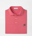 A folded red and white striped polo shirt by Peter Millar, featuring a collar, three-button placket, and the embroidered Peter Millar Lion logo on the left chest.