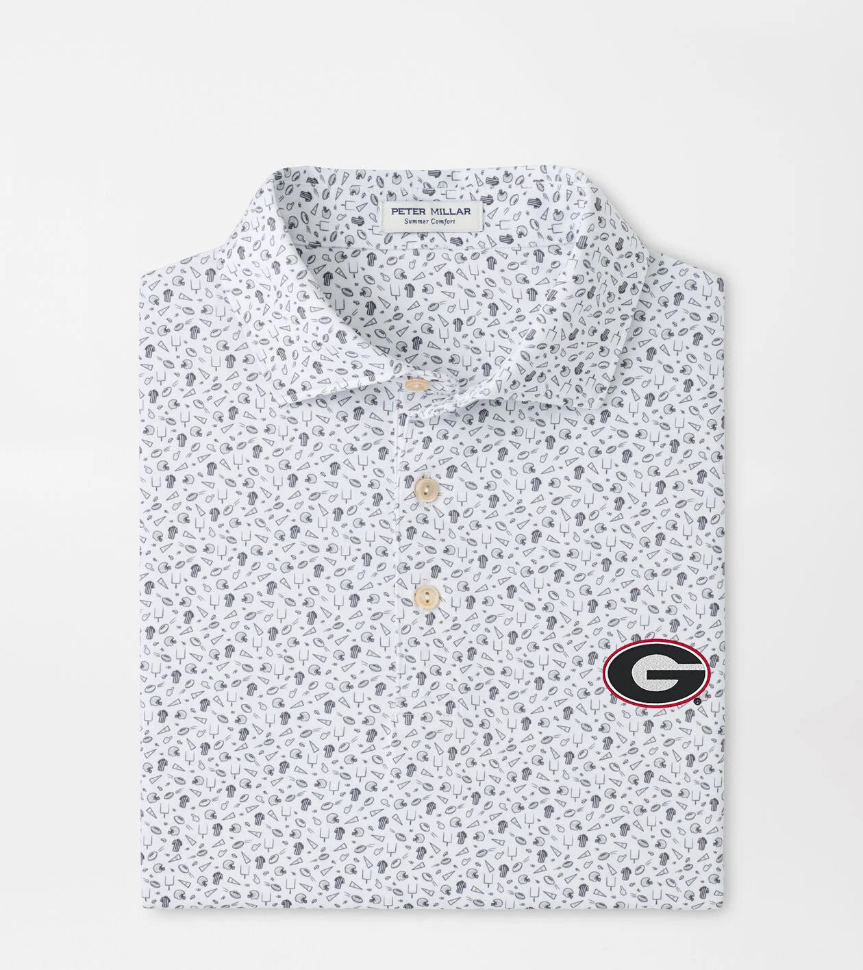 A folded white polo shirt with a dense black and gray football pattern, featuring a black, red, and white Georgia Bulldogs logo patch on the left chest. 