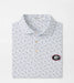 A folded white polo shirt with a dense black and gray football pattern, featuring a black, red, and white Georgia Bulldogs logo patch on the left chest. 