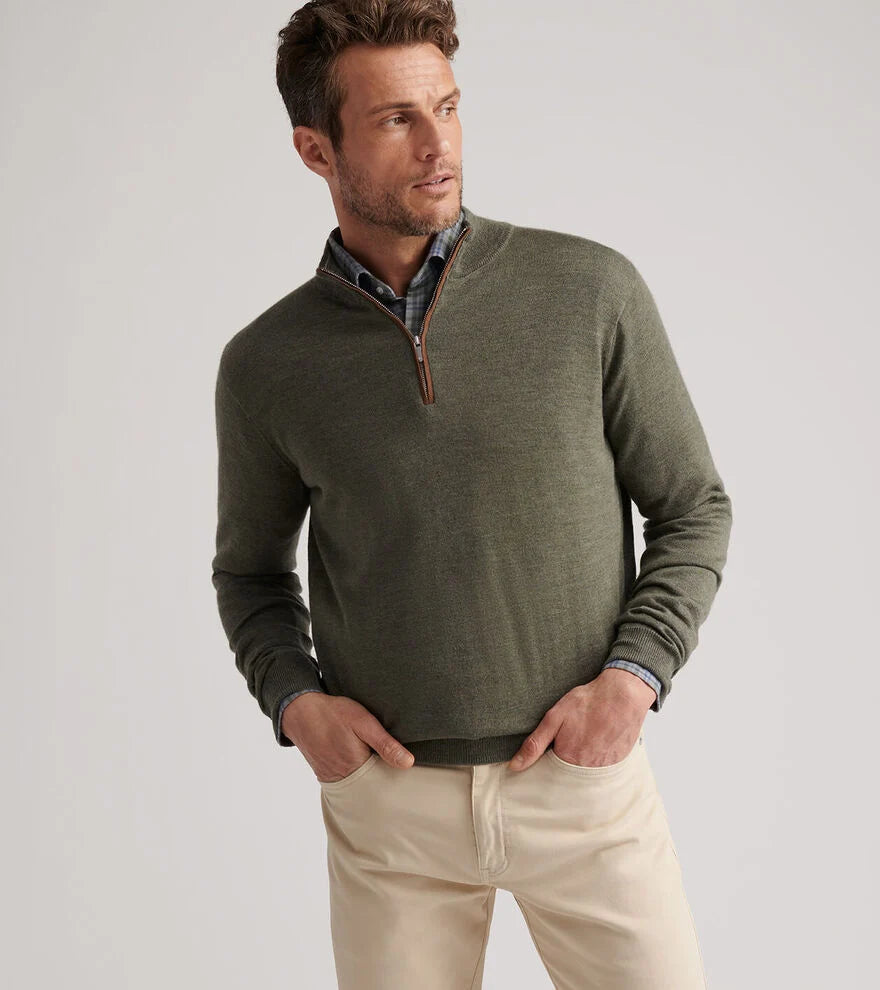 Autumn Crest Suede Trim Quarter-Zip by Peter Millar - Basil