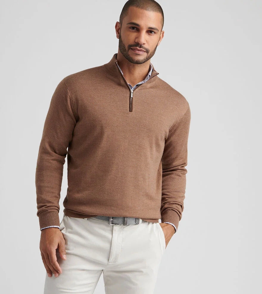 Autumn Crest Suede Trim Quarter-Zip by Peter Millar - British Tan