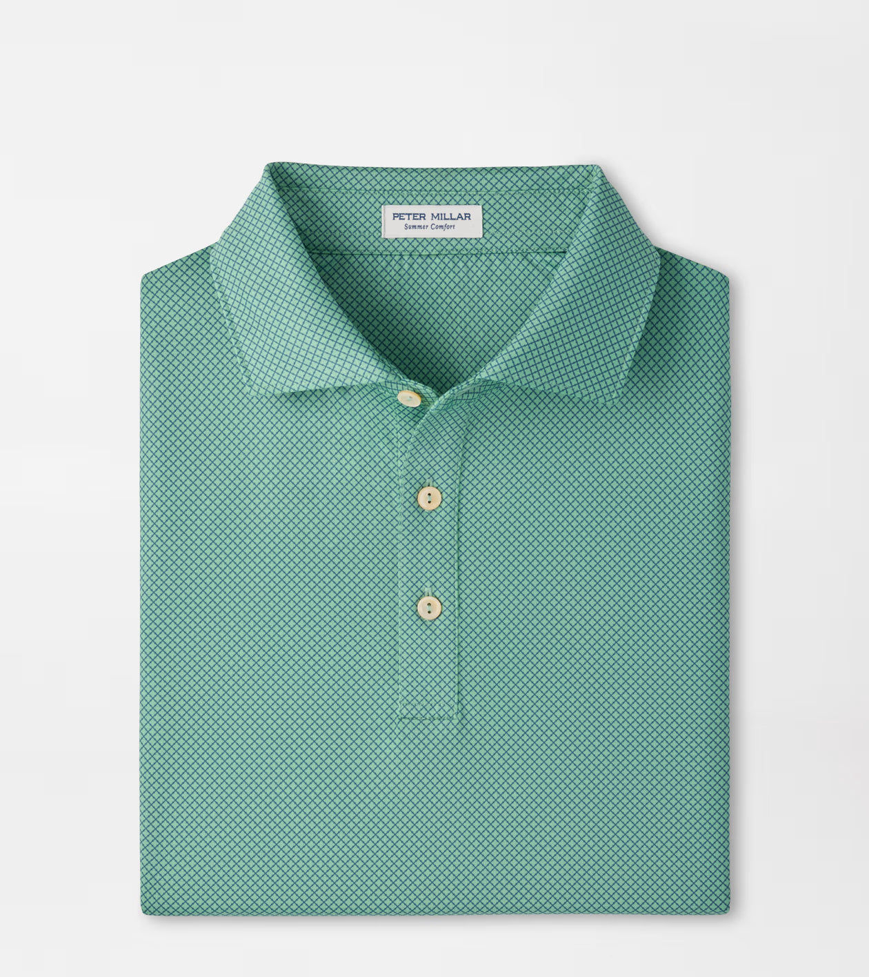 A folded Peter Millar men's polo shirt in a teal green color with a small white geometric pattern, featuring a collar and three buttons, set against a plain white background.
