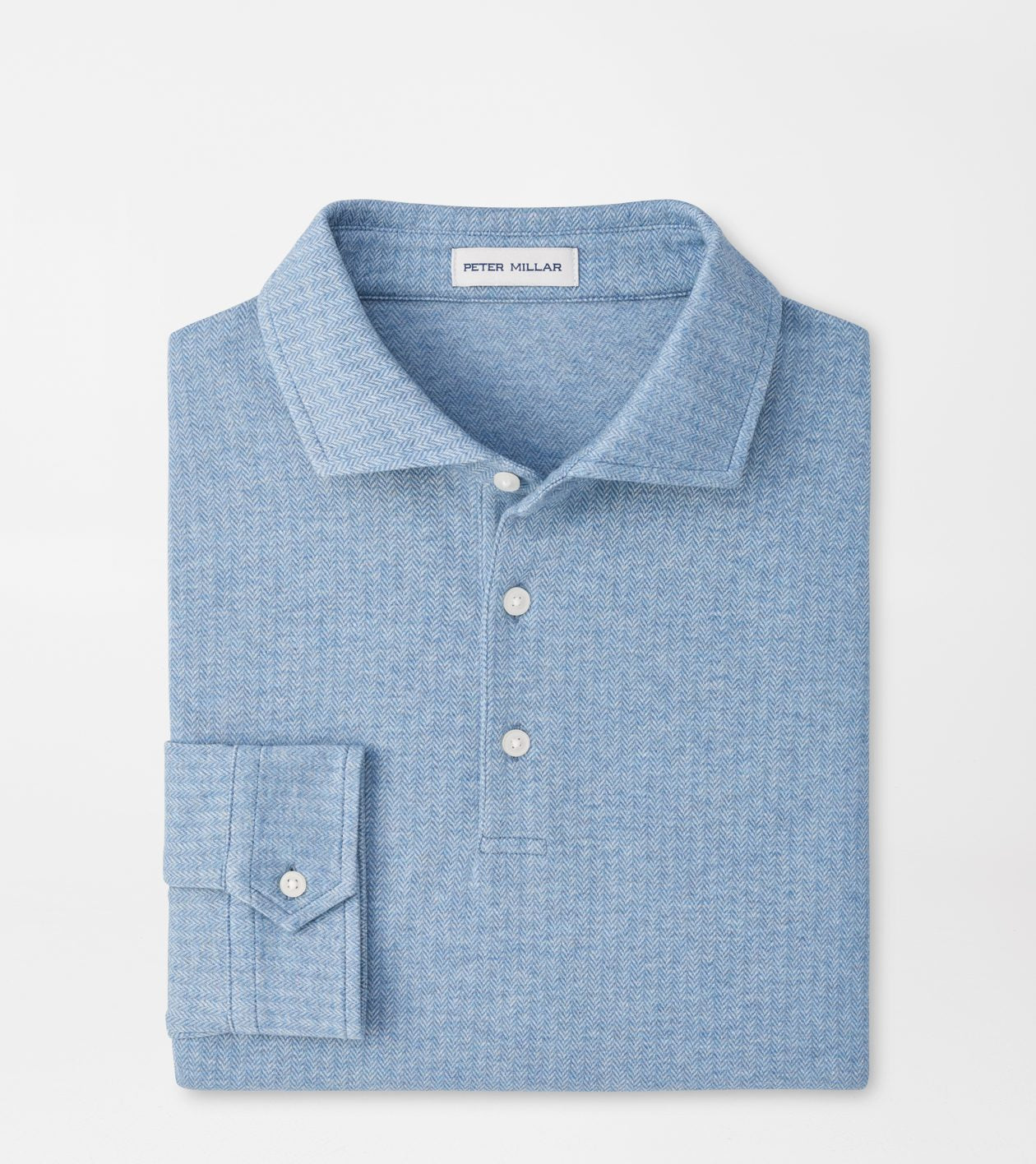 Herringbone Long-Sleeve Polo by Peter Millar - Cottage Blue