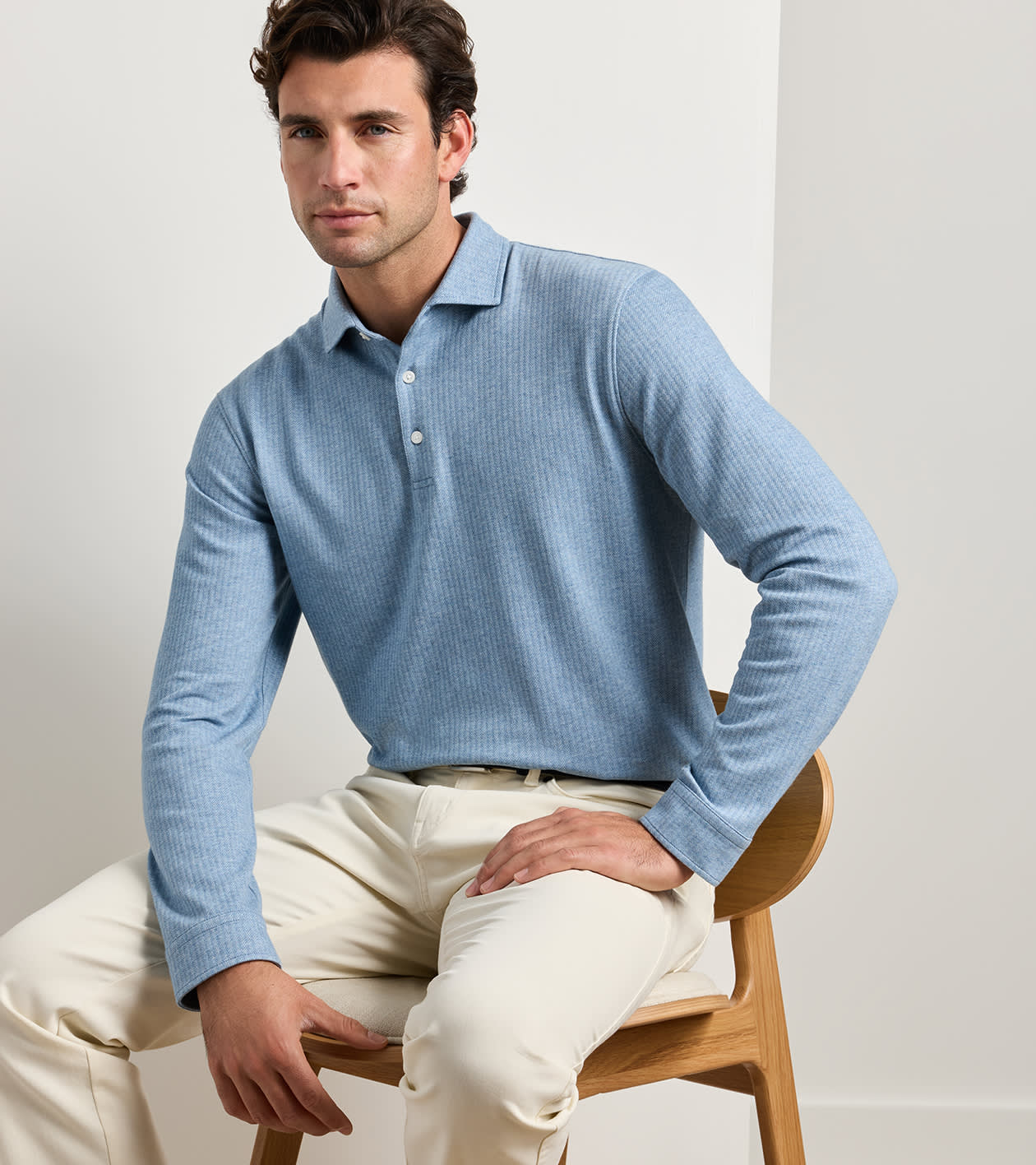 Herringbone Long-Sleeve Polo by Peter Millar - Cottage Blue