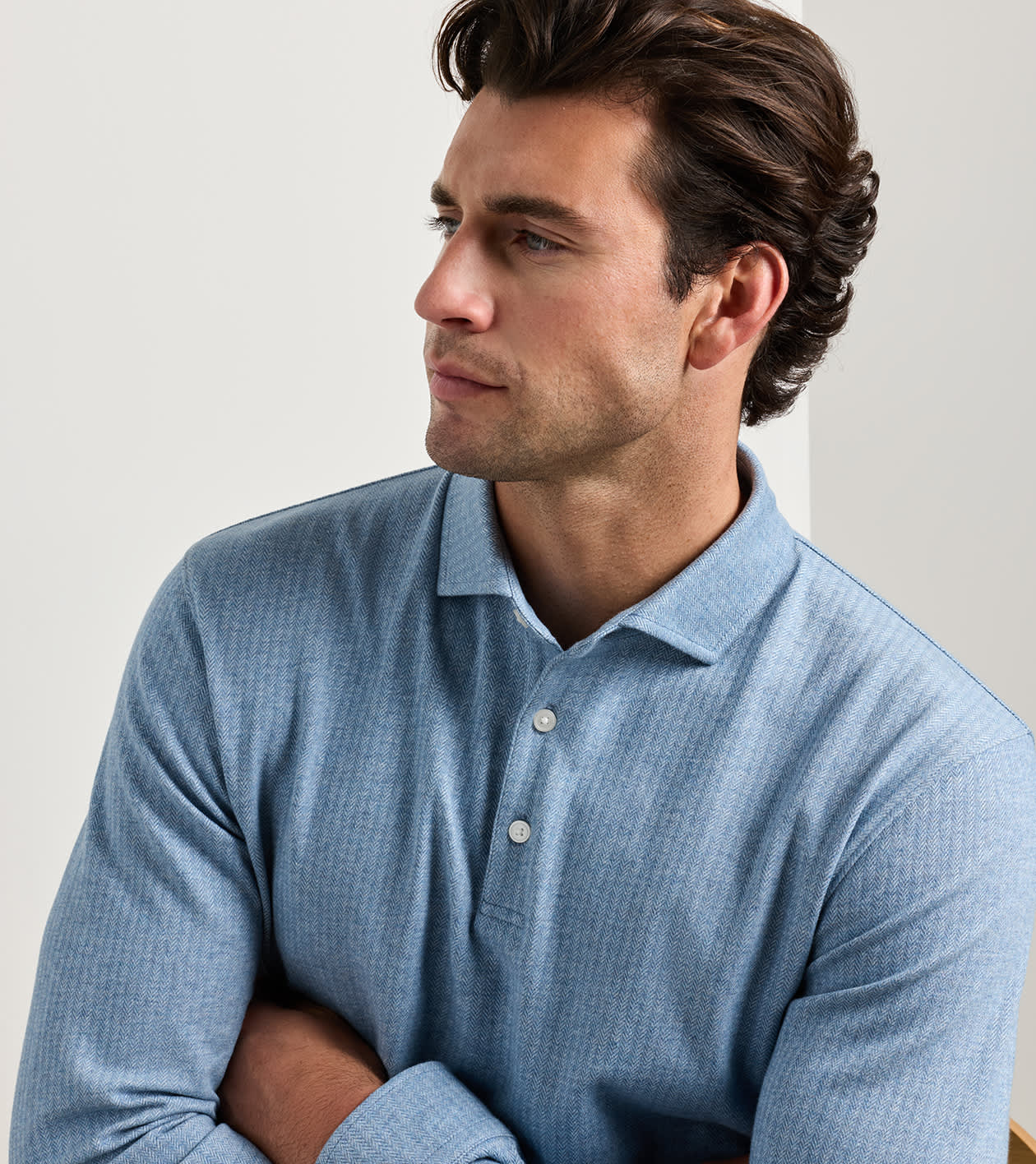 Herringbone Long-Sleeve Polo by Peter Millar - Cottage Blue