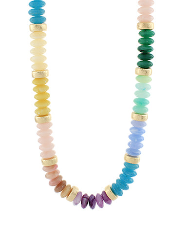 Multicolored beaded necklace on a white background