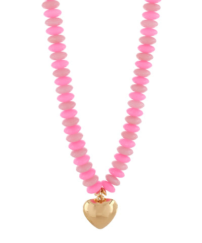 Necklace with pink beads and a gold heart pendant on a white background