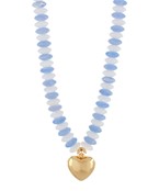 Necklace with blue beads and a gold heart pendant on a white background