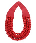 Red beaded necklace with a red leather clasp on a white background