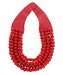 Red beaded necklace with a red leather clasp on a white background