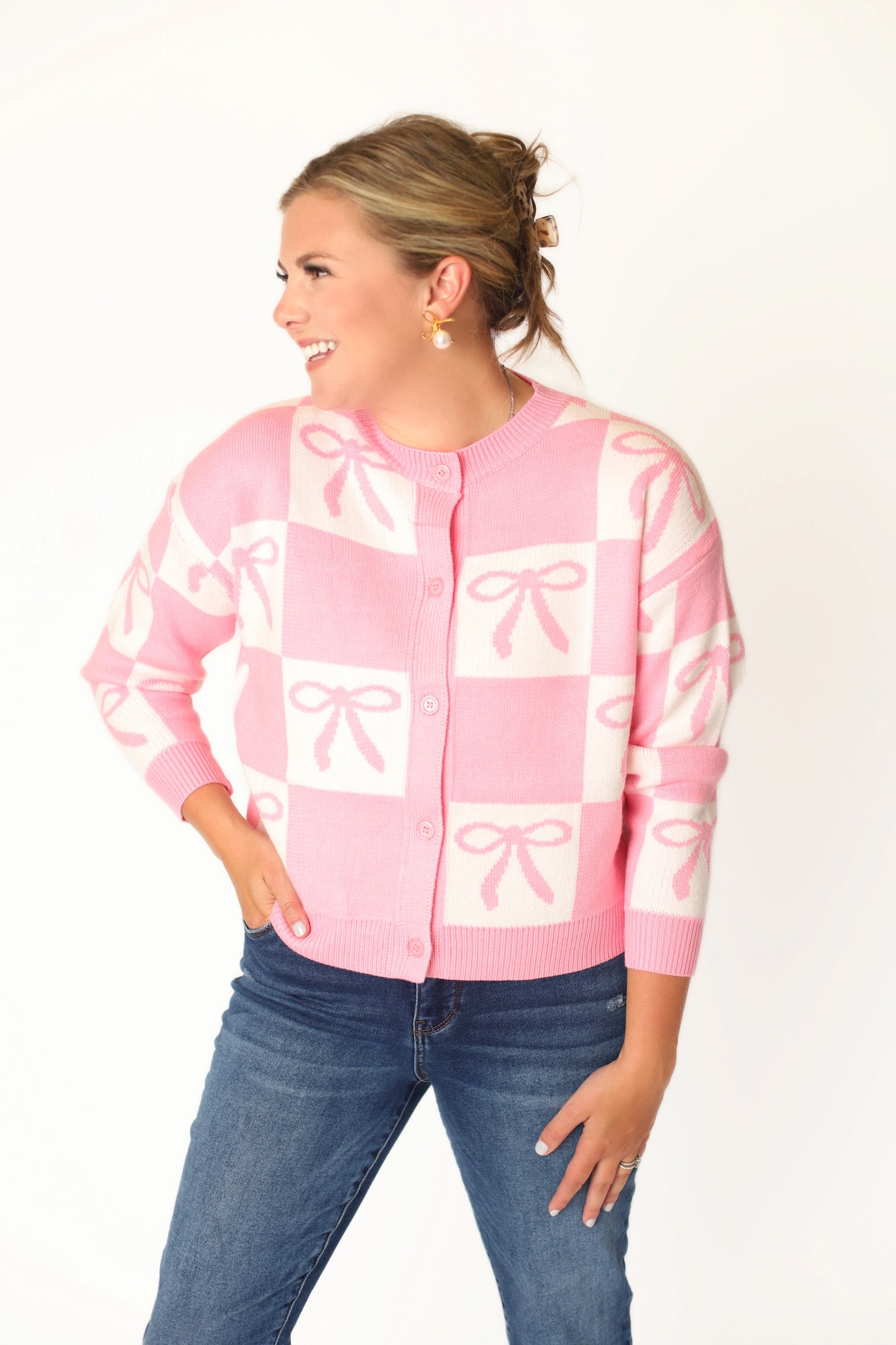 Bow Checkered Cardigan Sweater - Pink