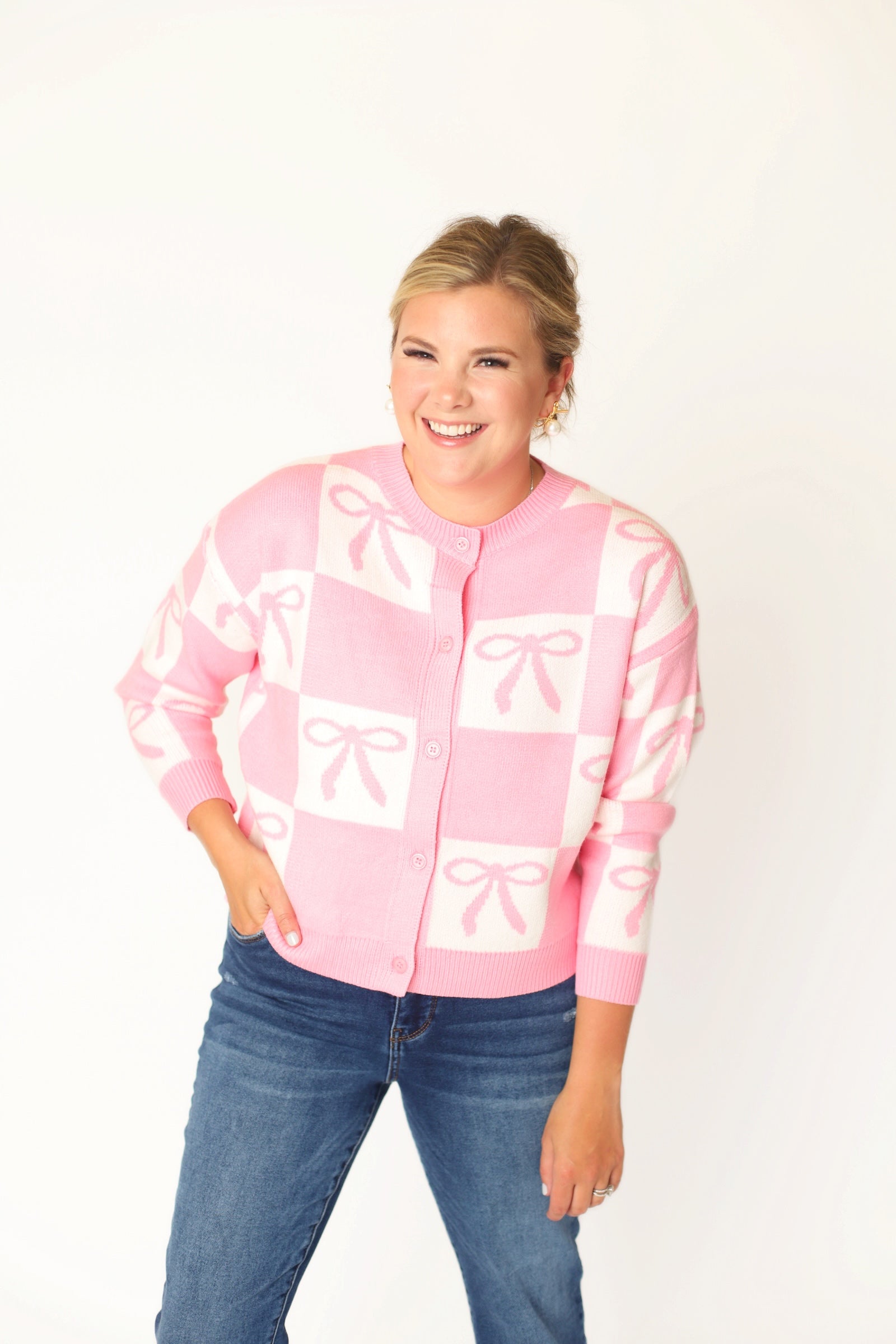 Bow Checkered Cardigan Sweater - Pink