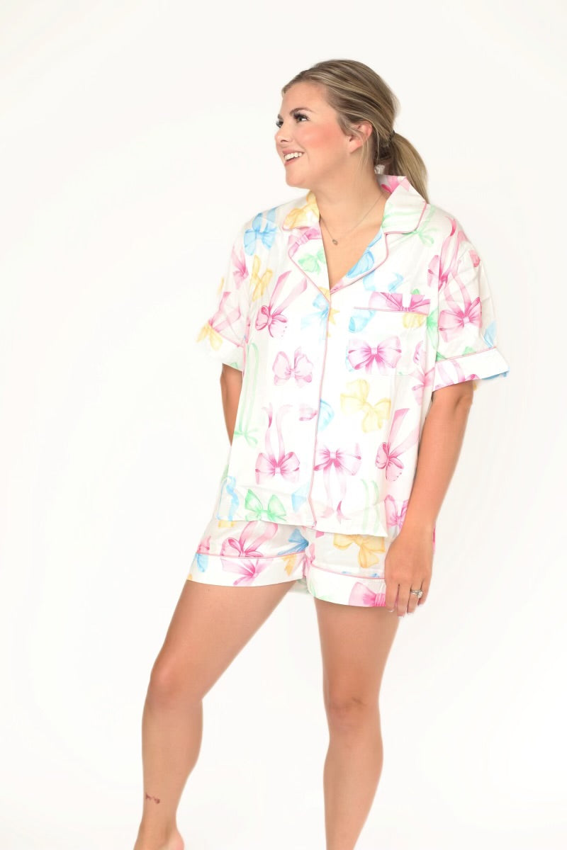 Short Sleeve Bow Printed Pajama Short Set - Multi