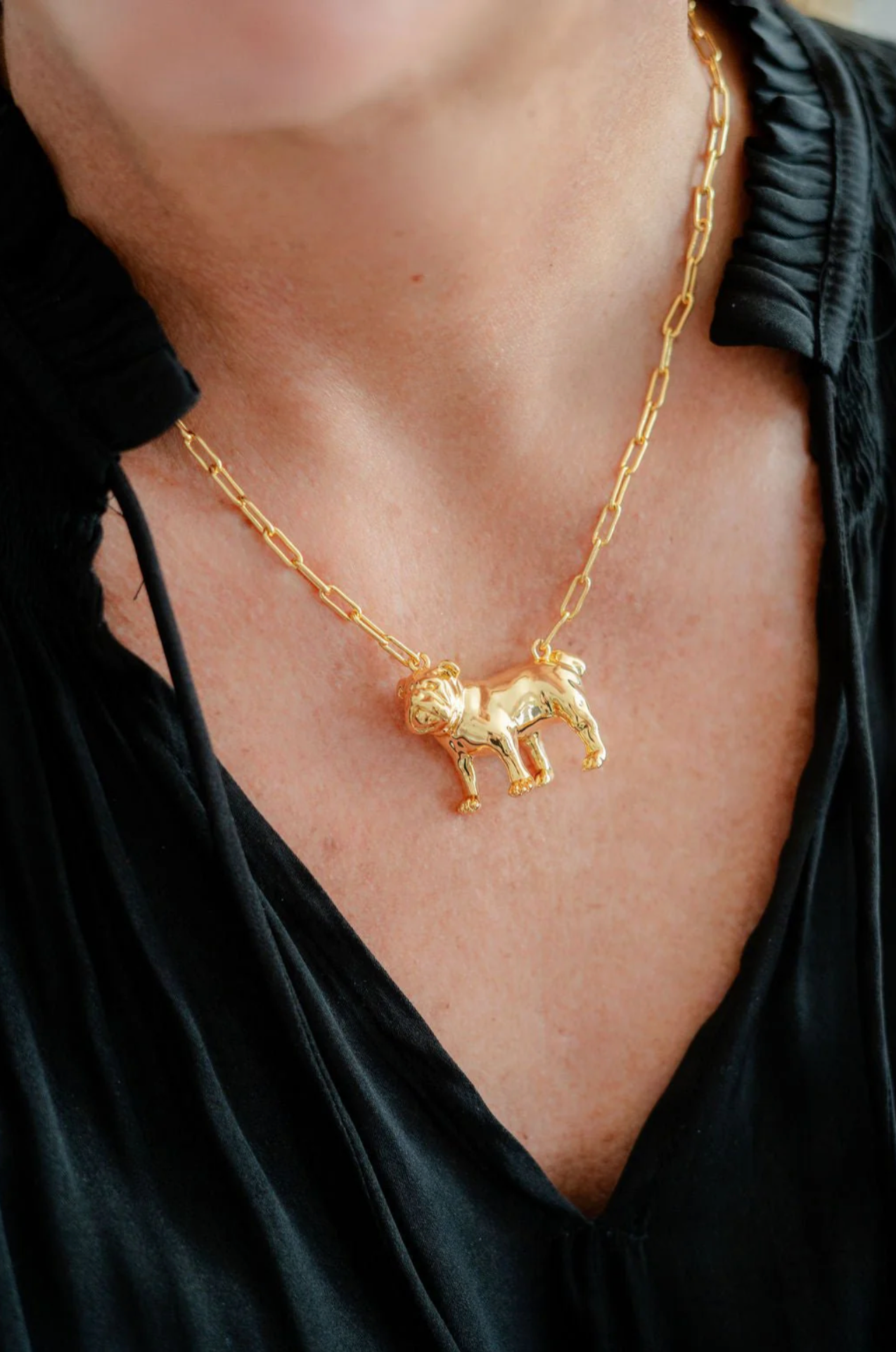 Bulldog - 3D Gold Charm Necklace - 18k Gold Plated - Paperclip Chain