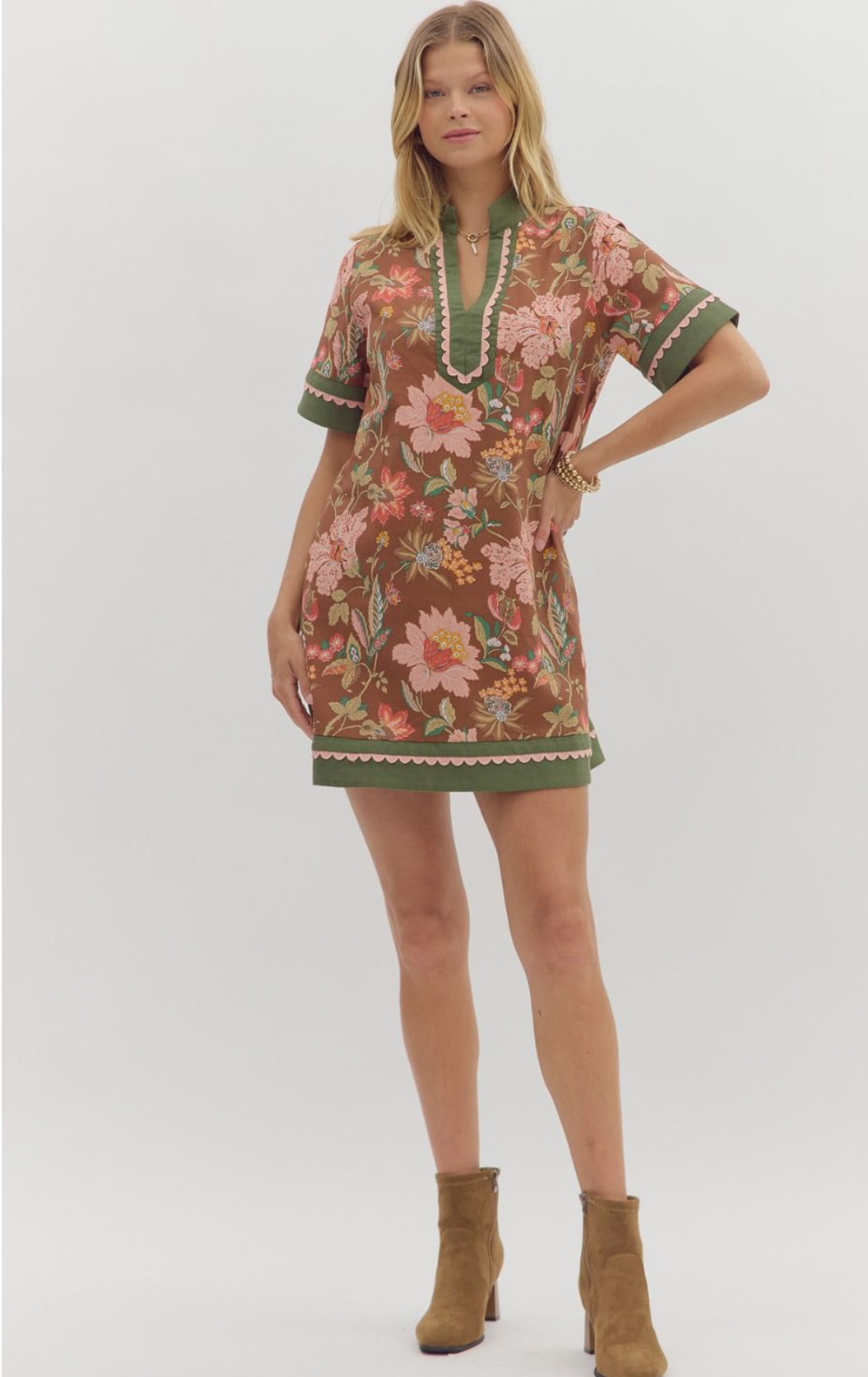The Caroline Floral Mini Dress - Brown