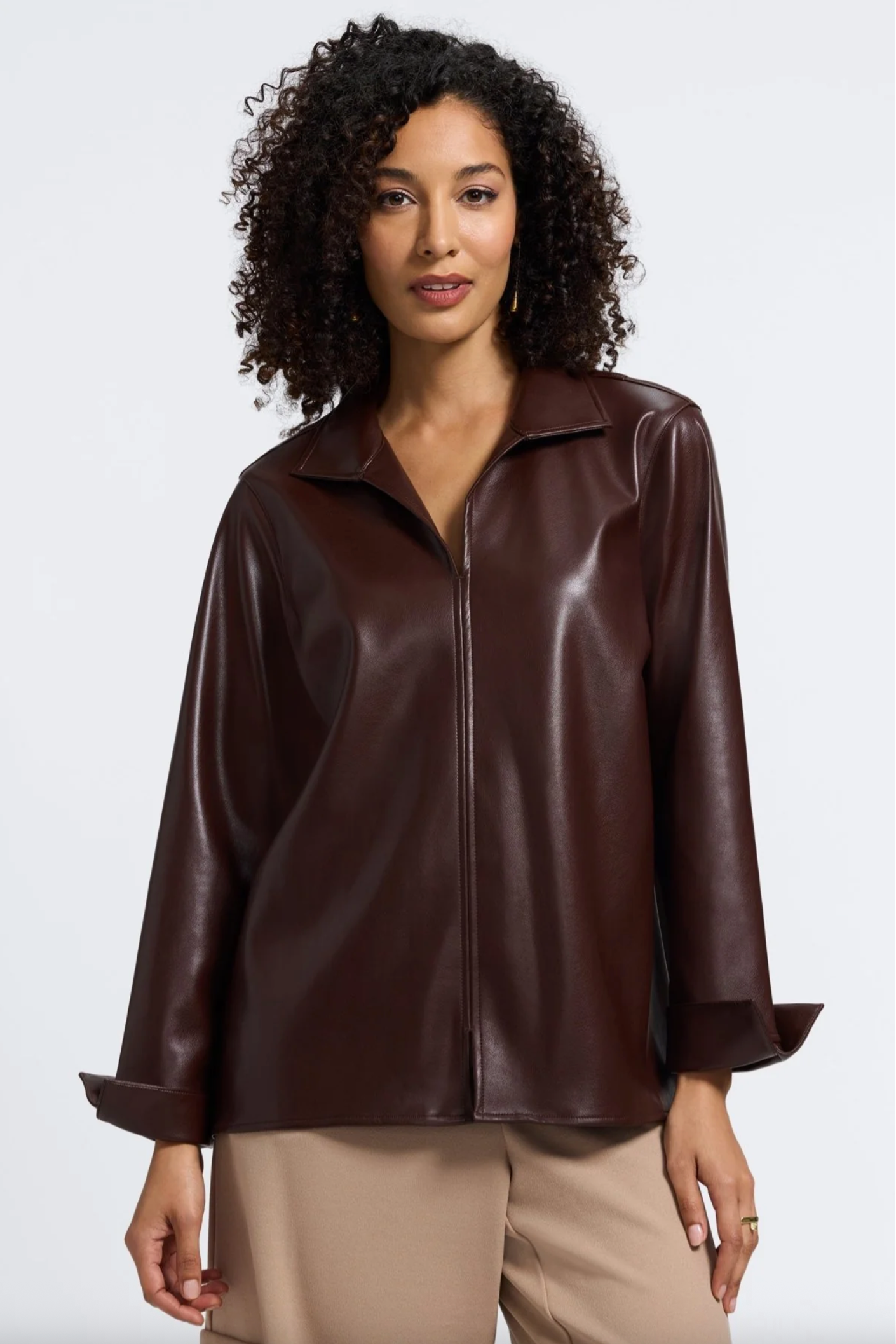 Agnes Vegan Leather Long Sleeve Popover Shirt - Chicory Coffee