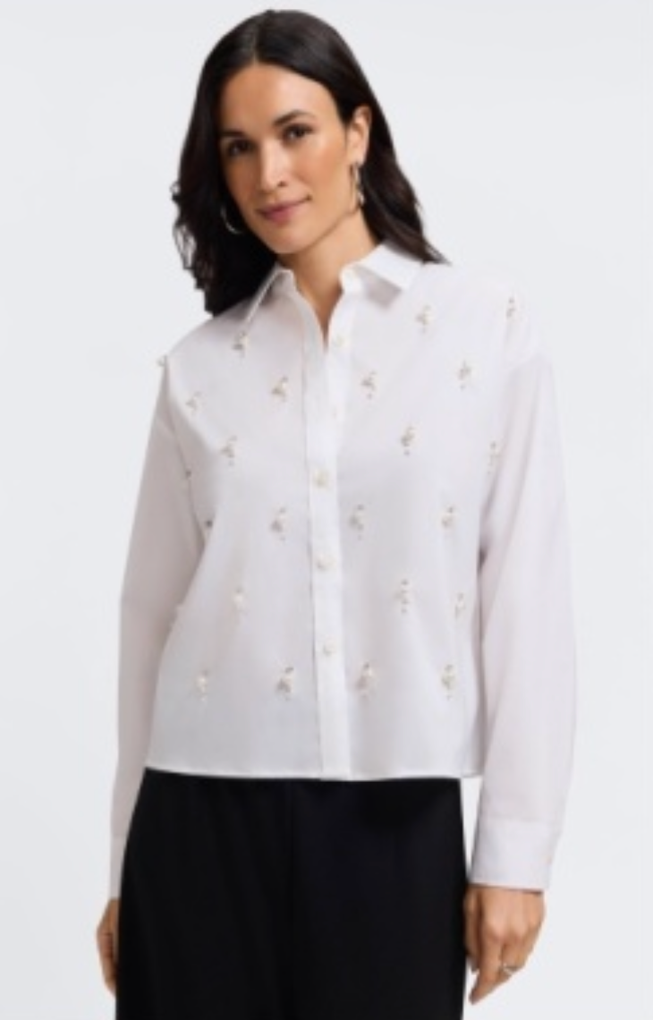 Marina Cavalry Twill Long Sleeve Shirt - White with Pearls
