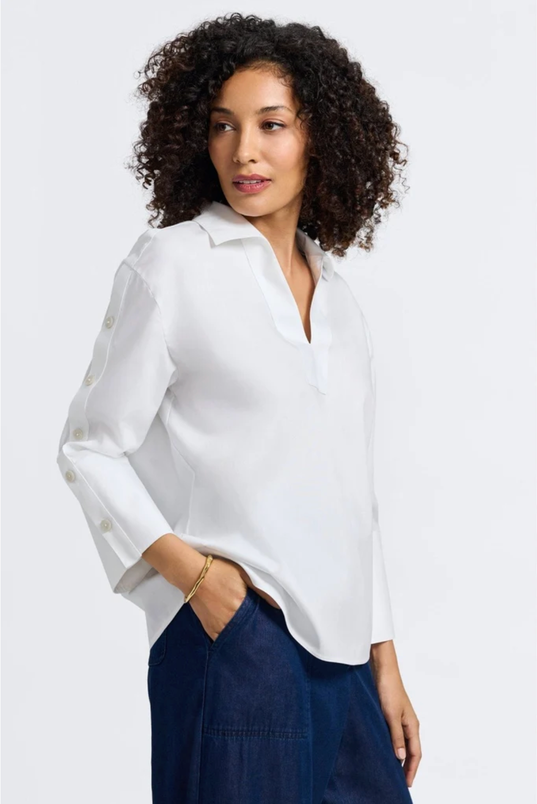 Lainey No Iron Pinpoint 3/4 Button Sleeve Shirt - White