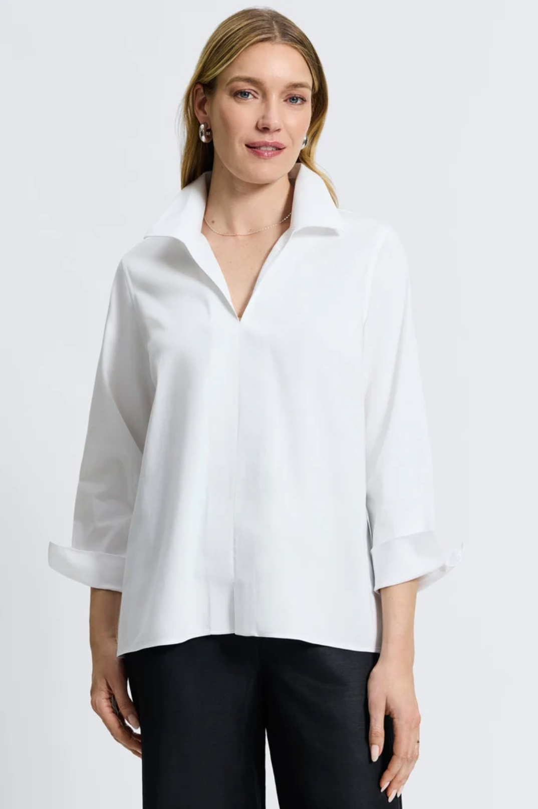 Agnes Stretch No Iron Popover Long Sleeve Shirt - White
