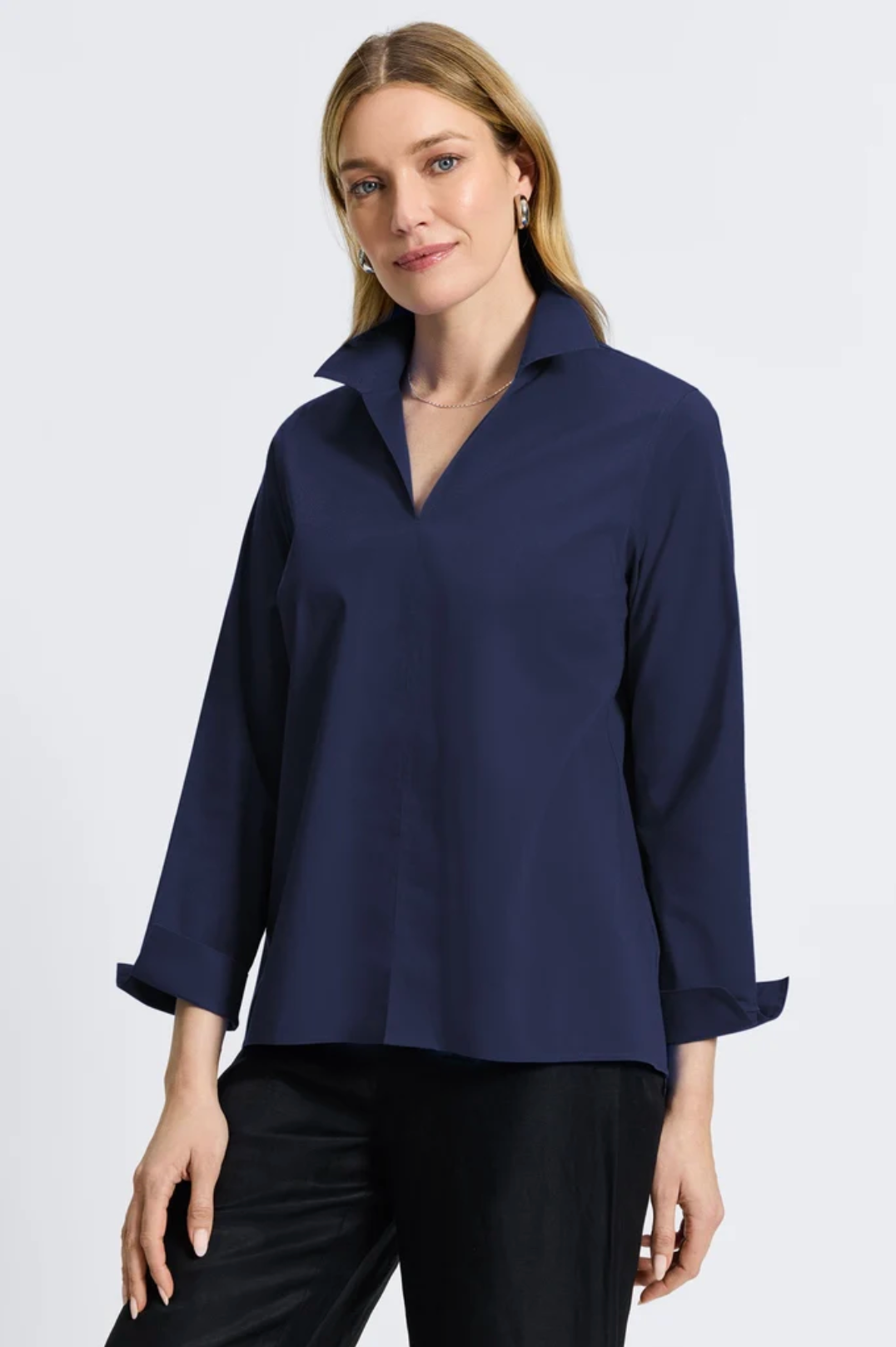 Agnes Stretch No Iron Popover Long Sleeve Shirt - Navy