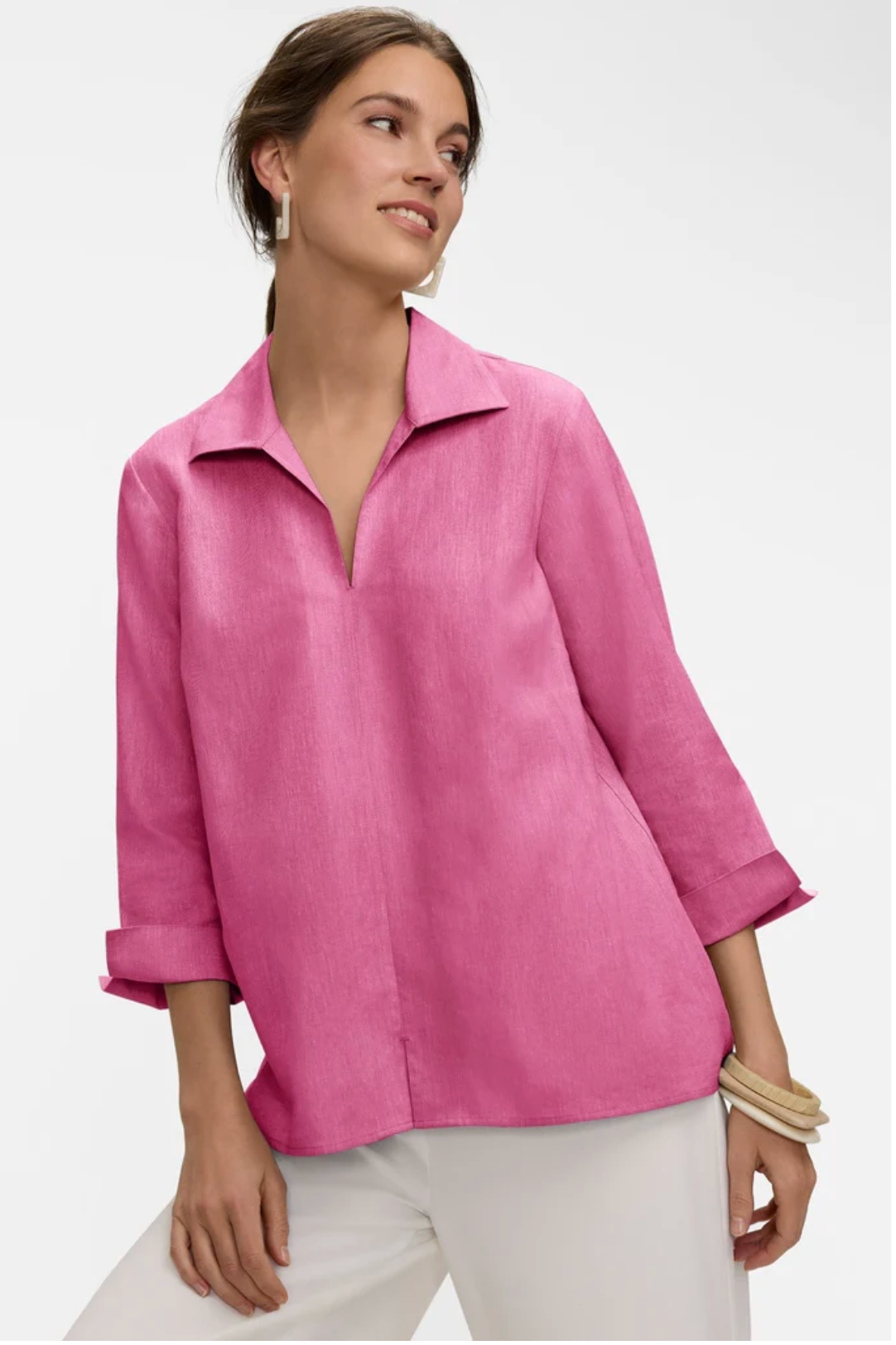 Agnes Solid Linen Blend 3/4 Sleeve Shirt - Cosmo Pink