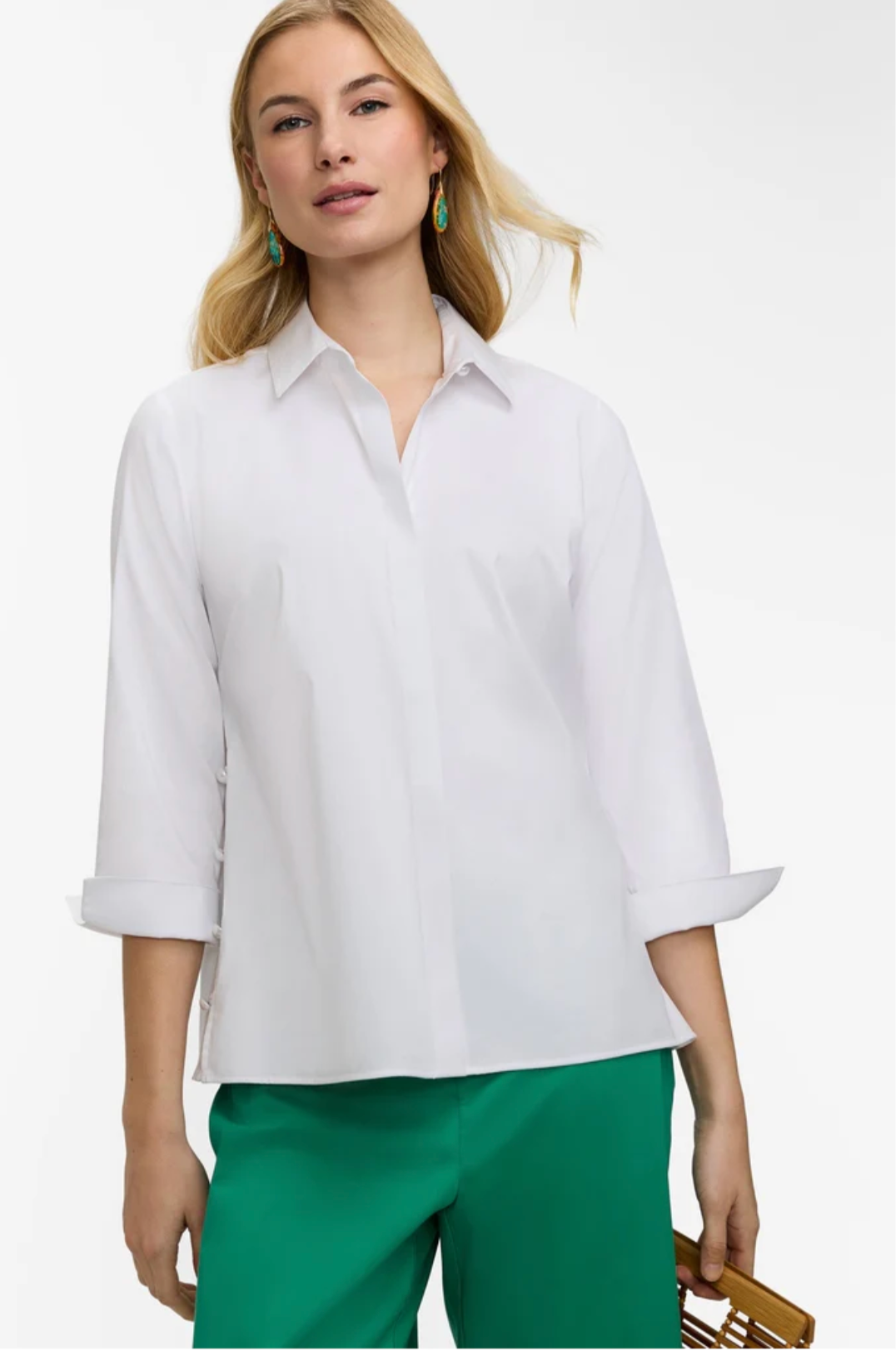 Beatrice Pearl Stretch Matte Sateen 3/4 Sleeve Shirt - White