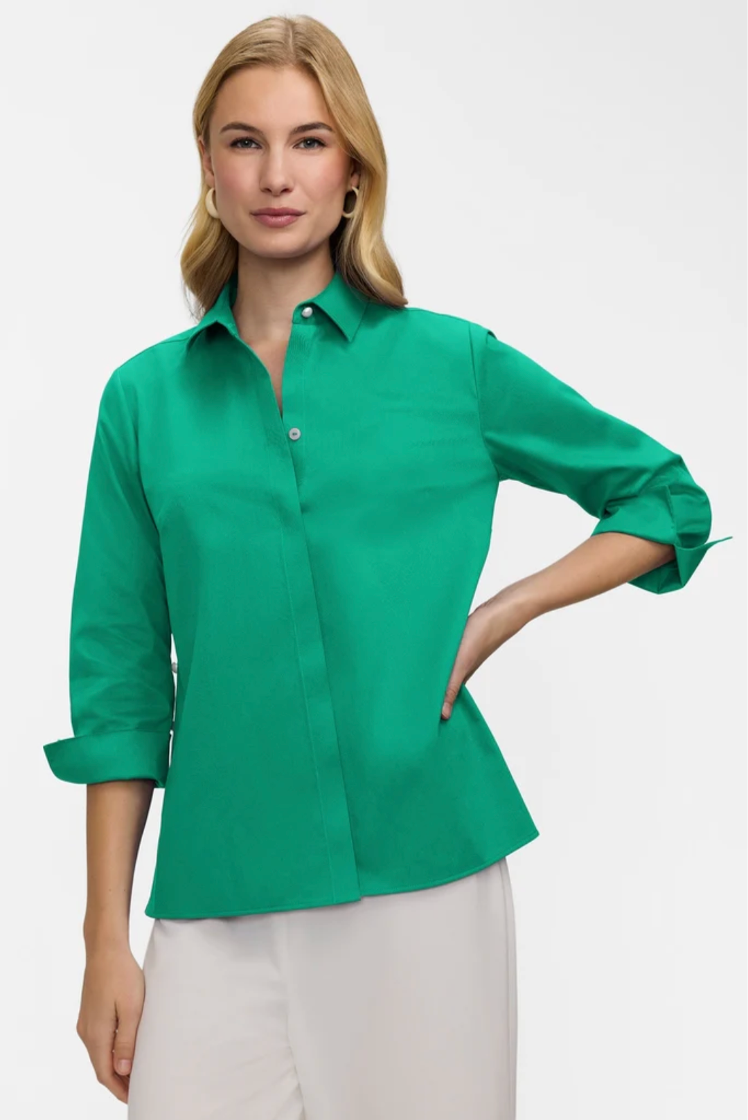 Beatrice Pearl Stretch Matte Sateen 3/4 Sleeve Shirt - Green